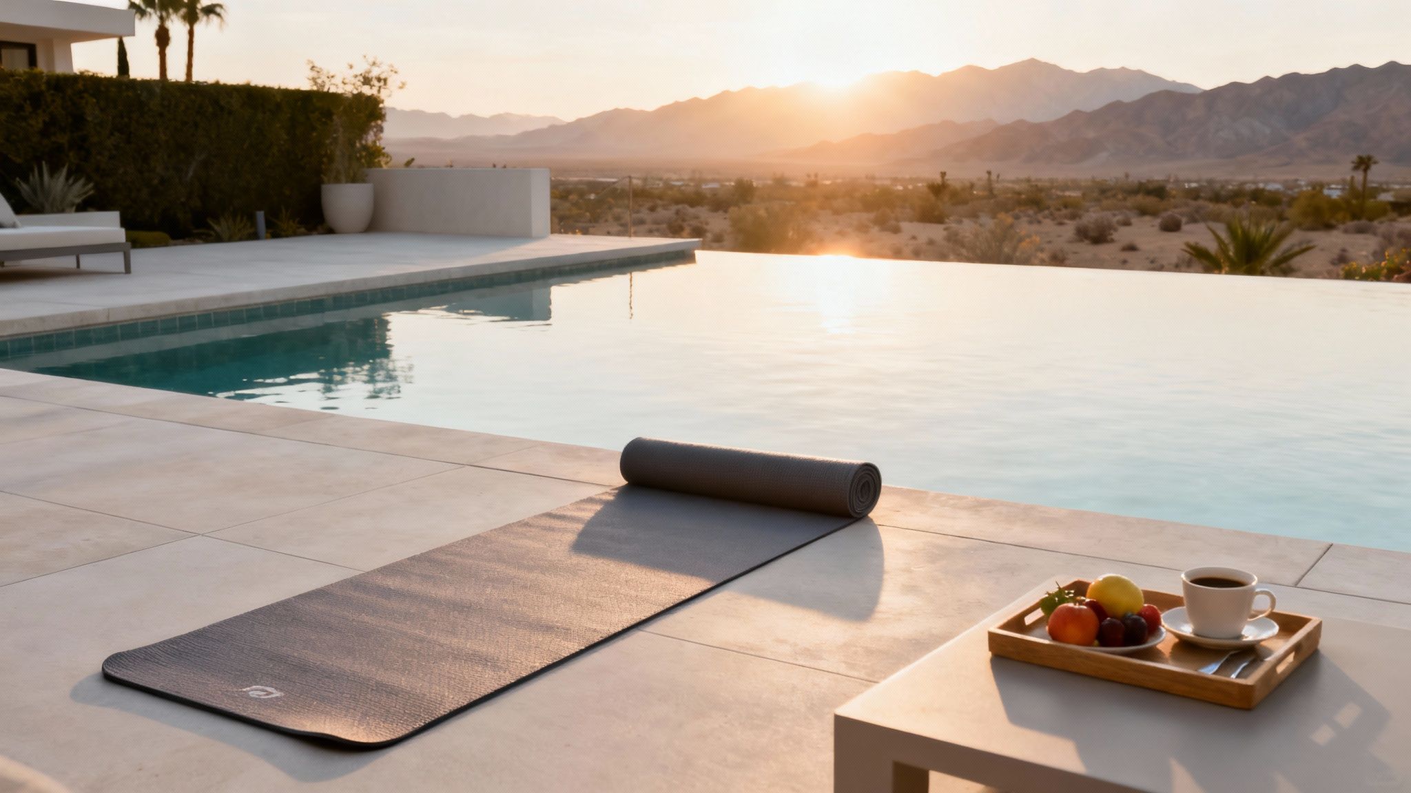 A group of friends enjoying cocktails by a stylish, sun-drenched pool at a Palm Springs hotel at dusk.