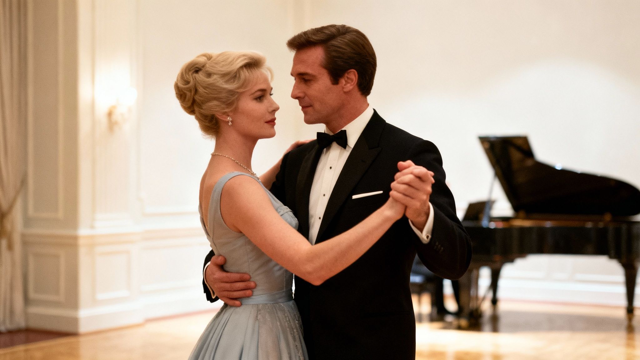 A man in a tuxedo and a woman in a blue gown gracefully dance in a formal ballroom.