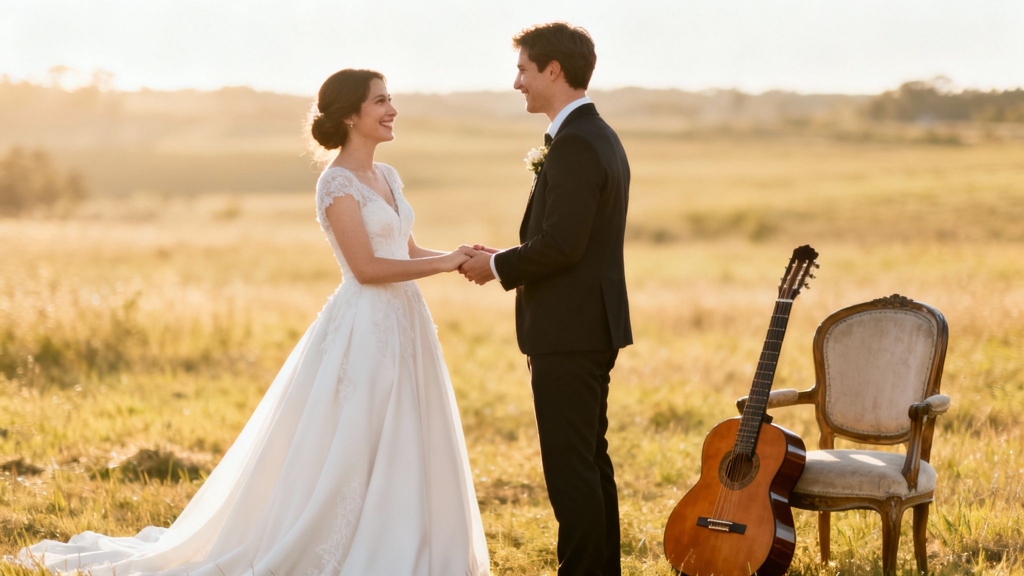 Happy bride and groom holding hands in a golden field at sunset with a guitar and chair.