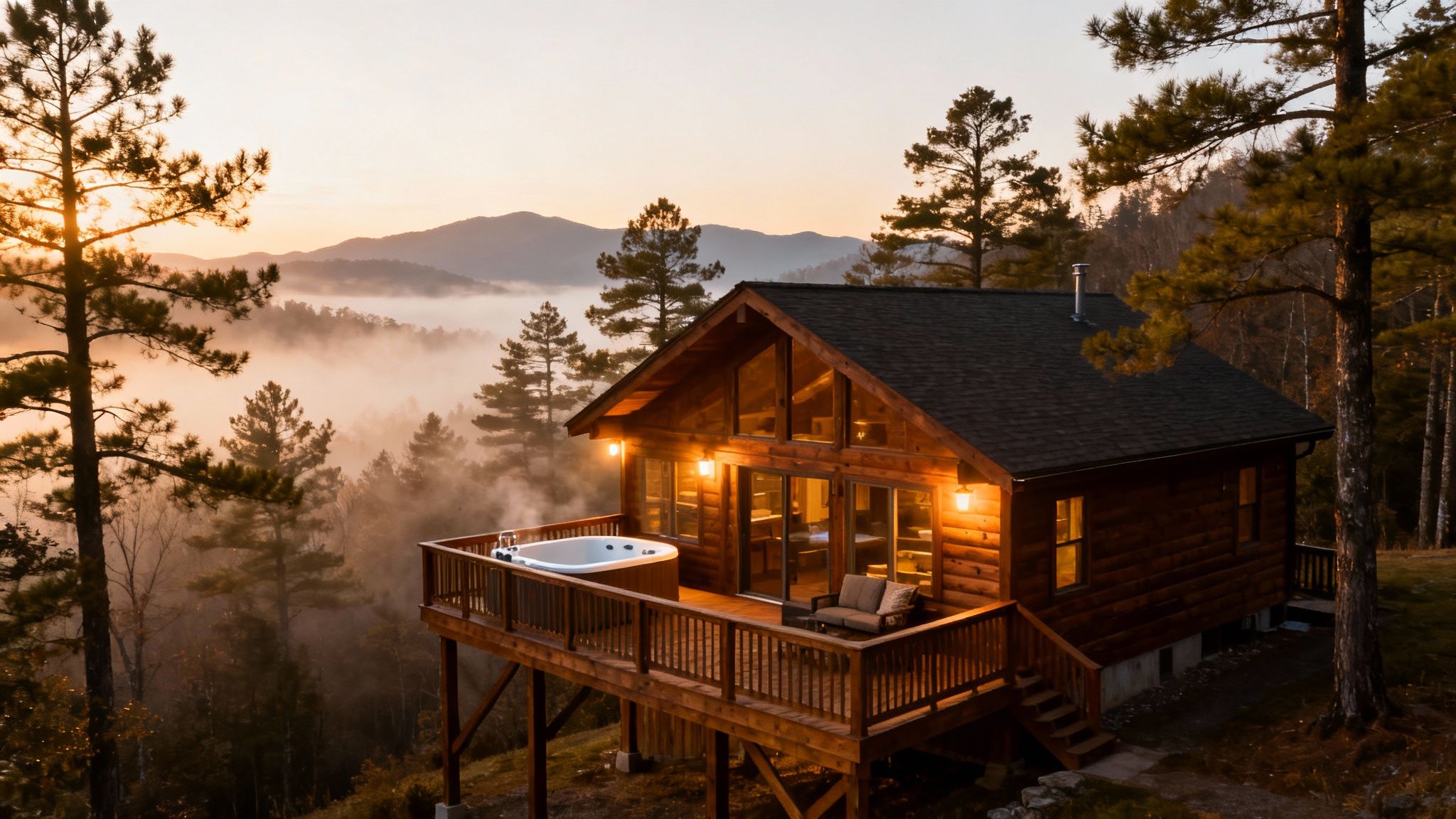 Cozy log cabin with a hot tub on a deck overlooking a foggy mountain valley at sunrise.