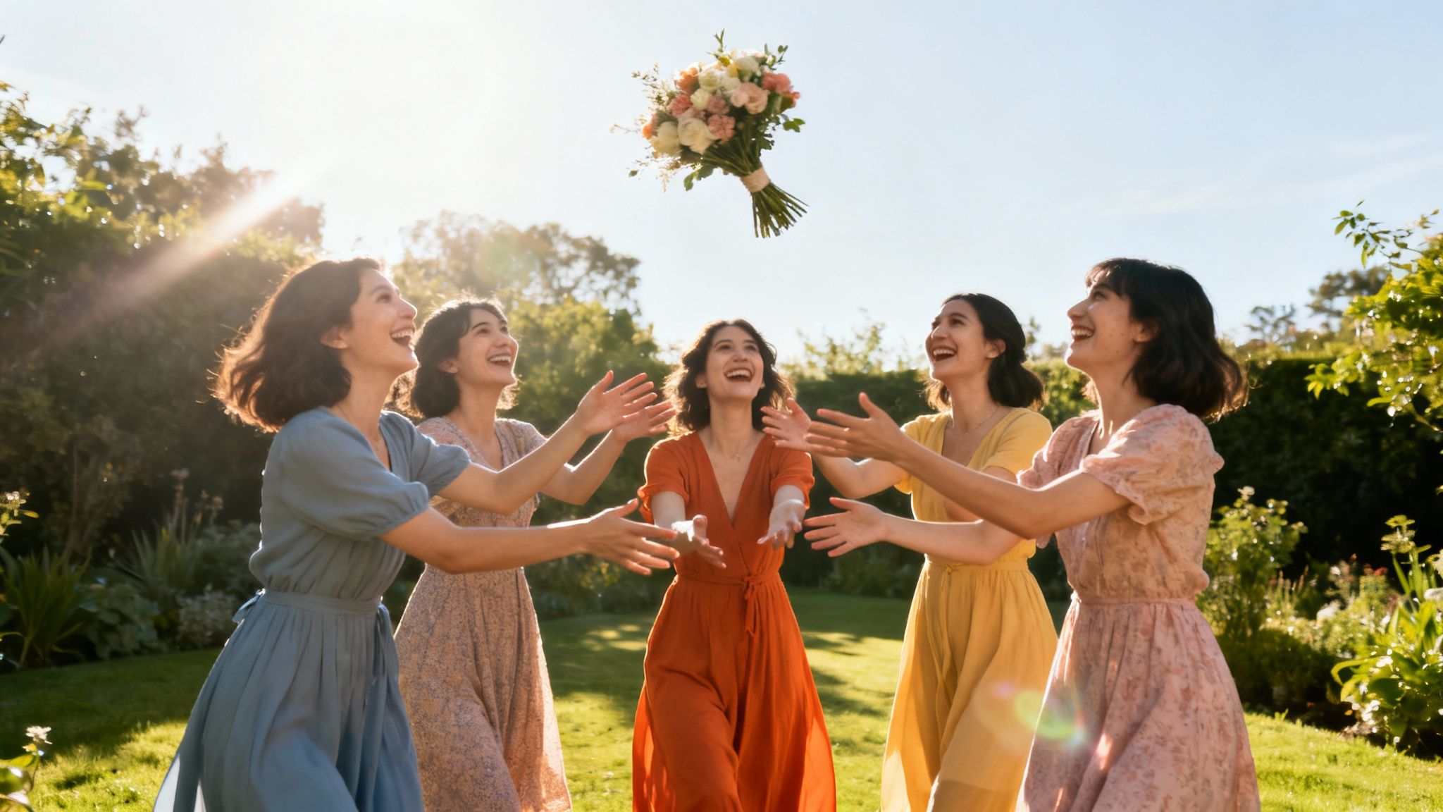 Happy bridesmaids eagerly reaching for the wedding bouquet tossed high in the air outdoors.