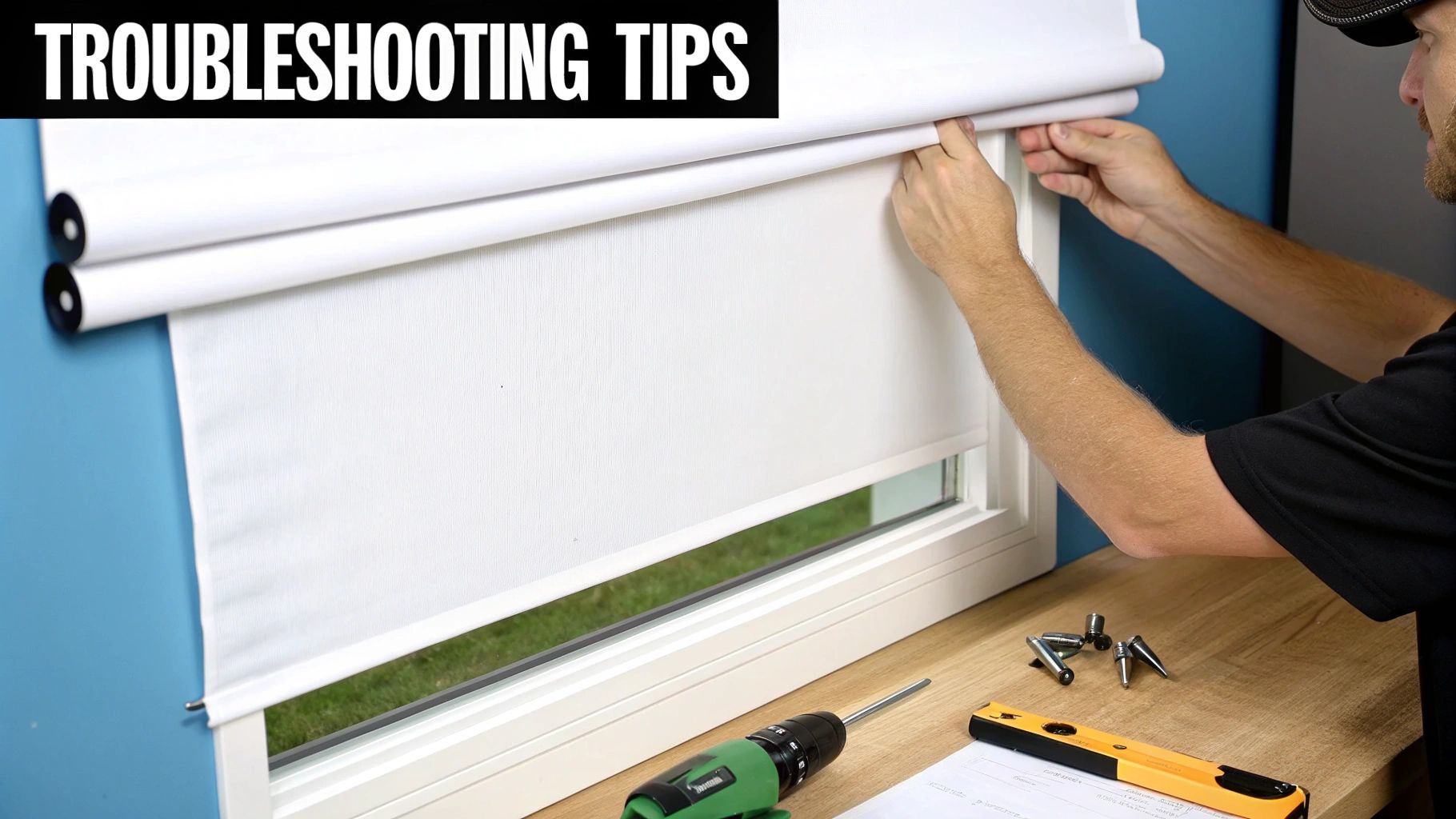 Person installing white roller shades on a window, with tools laid out on a wooden desk.