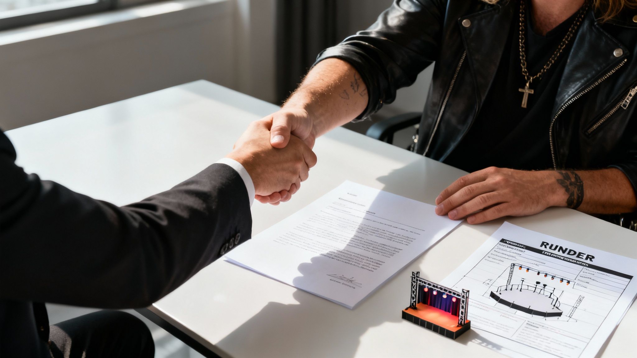 Two men, one in a suit and one in a leather jacket, shaking hands over event documents.
