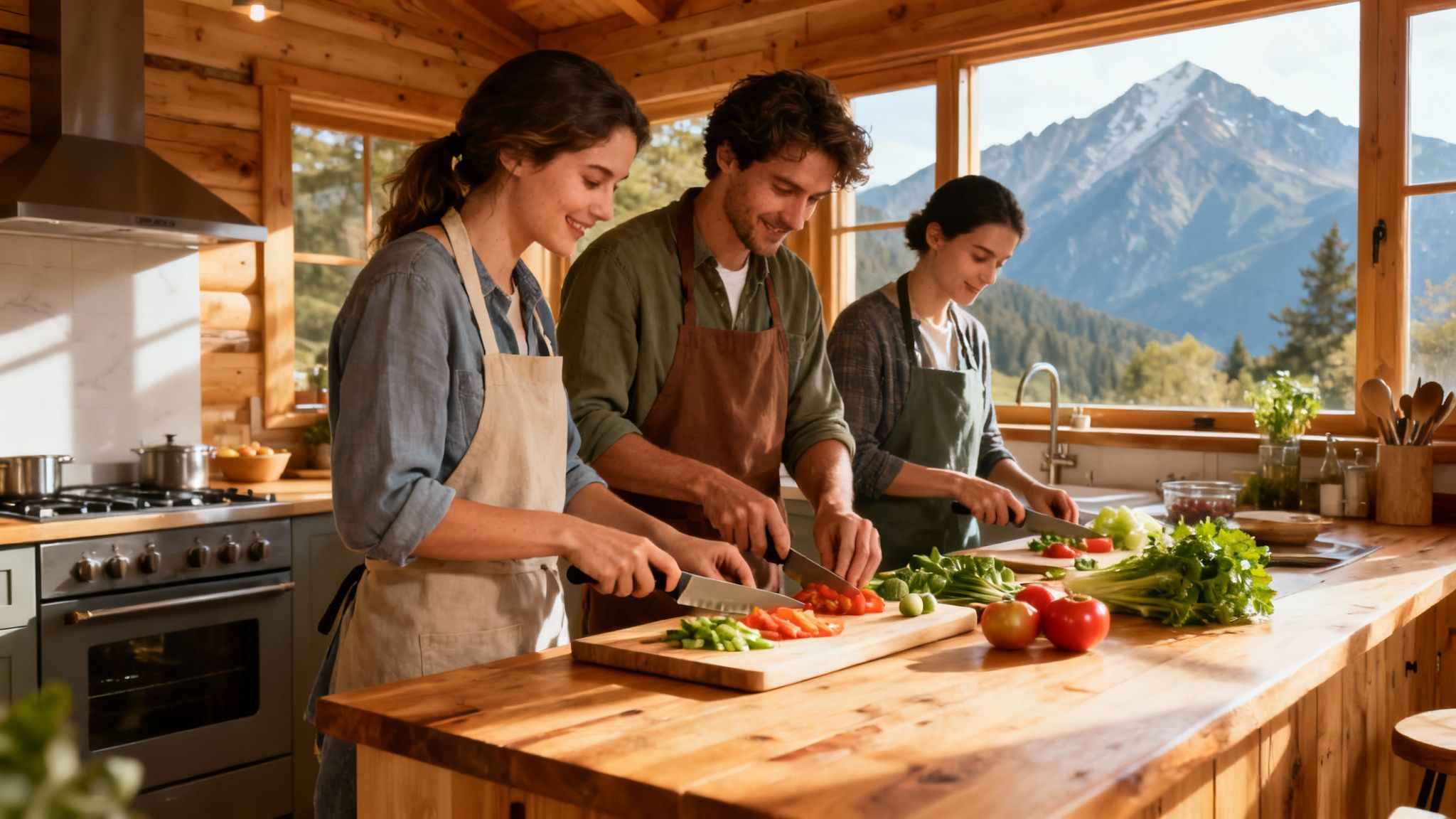 Three friends smiling, chopping vegetables together in a rustic kitchen with a stunning mountain view.