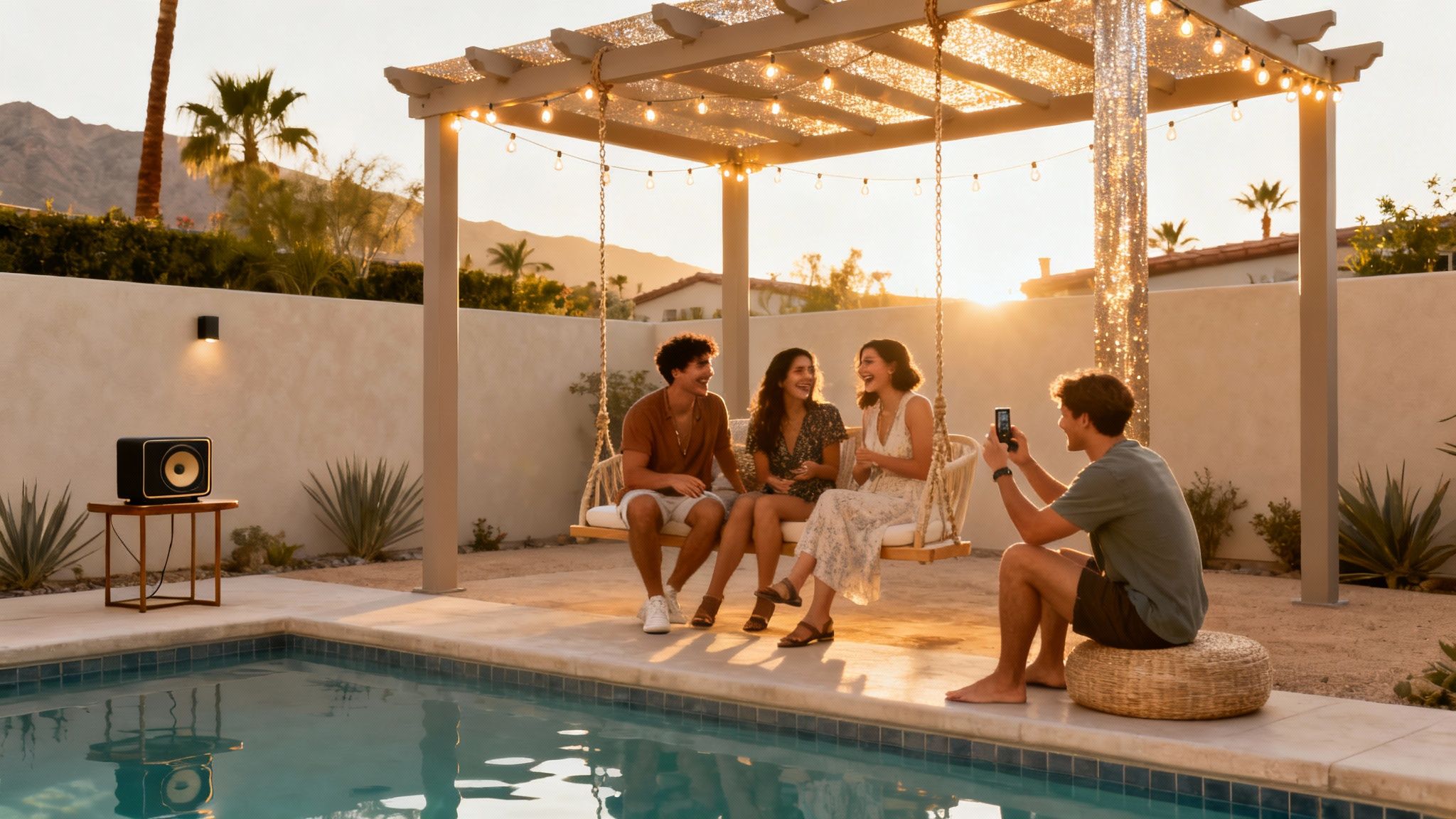 Friends celebrating with champagne by the private courtyard pool at The Muse Hotel Palm Springs.