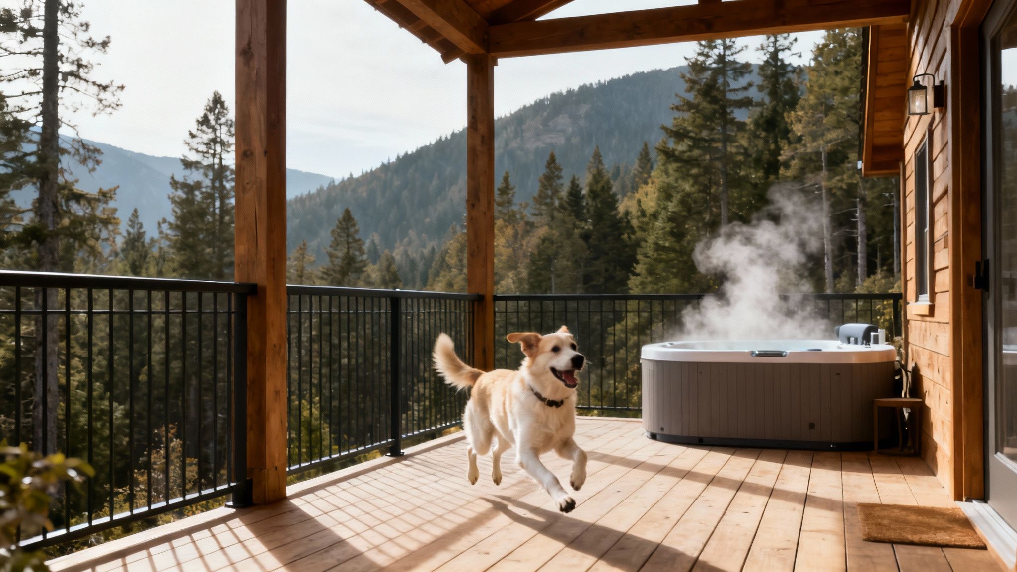 A dog relaxing on the wooden porch of a Smoky Mountain cabin.