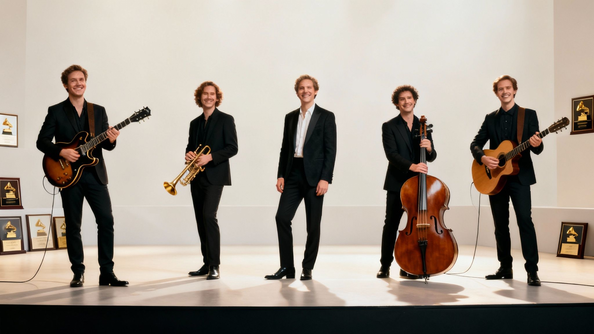 Five smiling musicians in black suits on stage with guitars, cello, and trumpet, surrounded by Grammy awards.