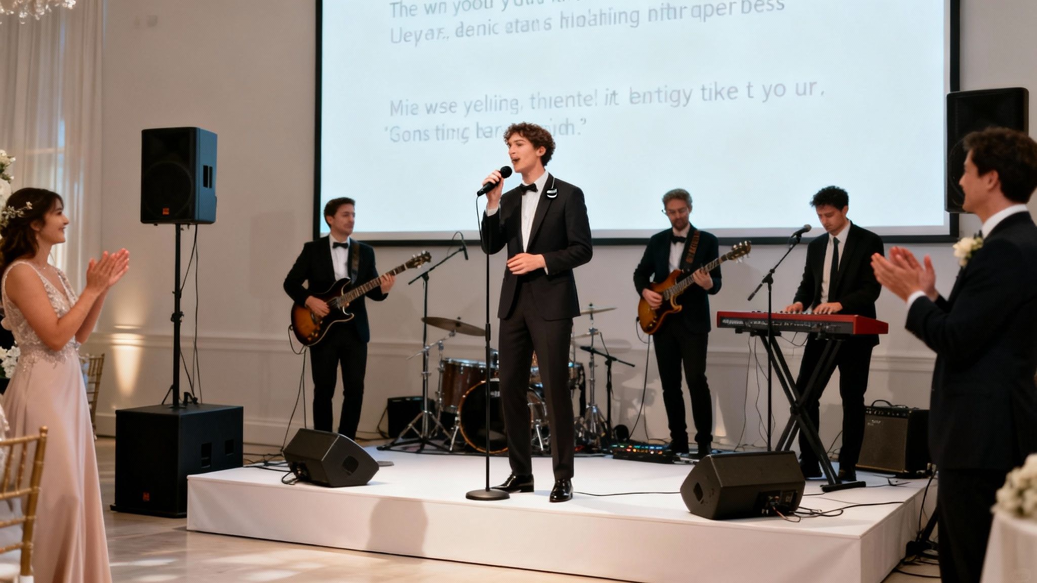 A band performs on a stage at a wedding reception while guests applaud, with lyrics displayed on a screen.