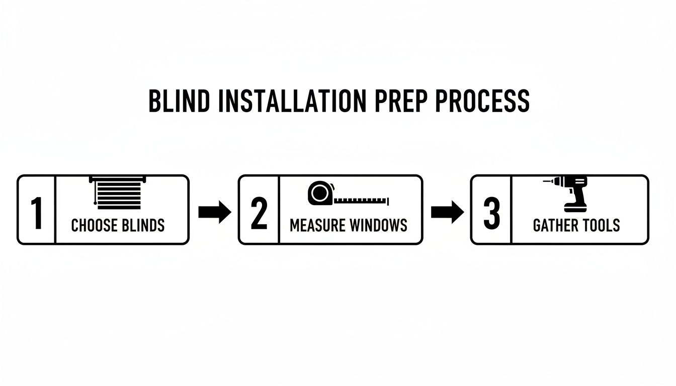 Three-step diagram for blind installation prep: choose blinds, measure windows, gather tools.