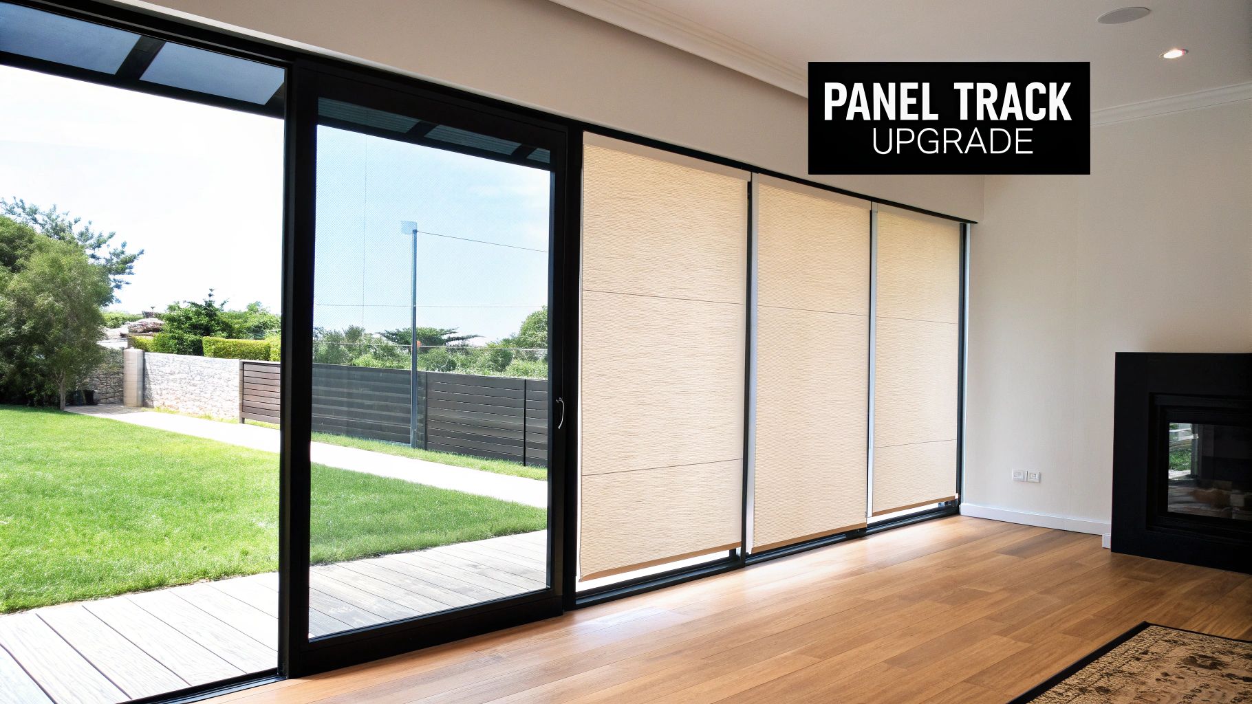 Modern room with large glass doors, beige panel track blinds, and a green backyard view.