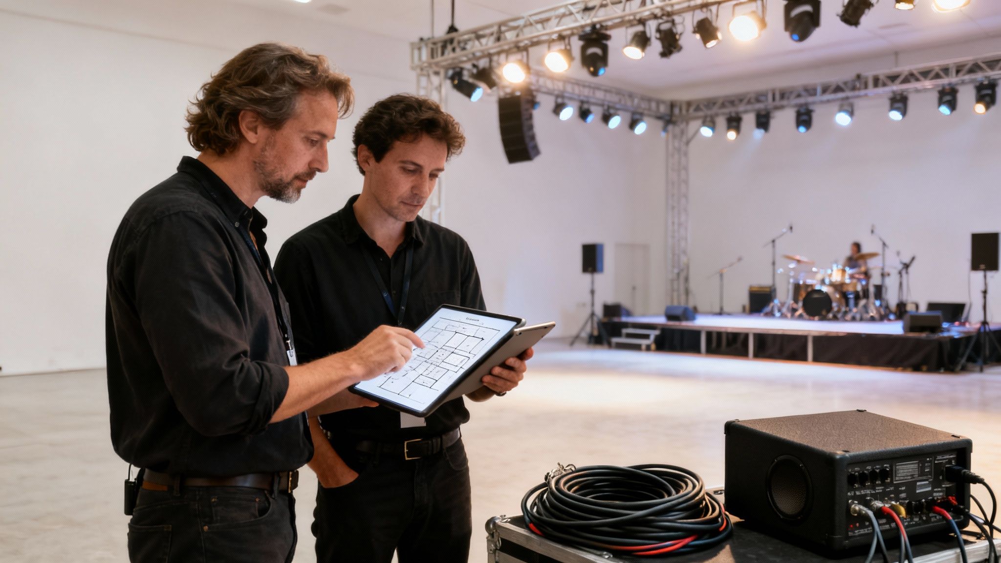 Two event technicians reviewing a venue floor plan on a tablet with a stage in the background.