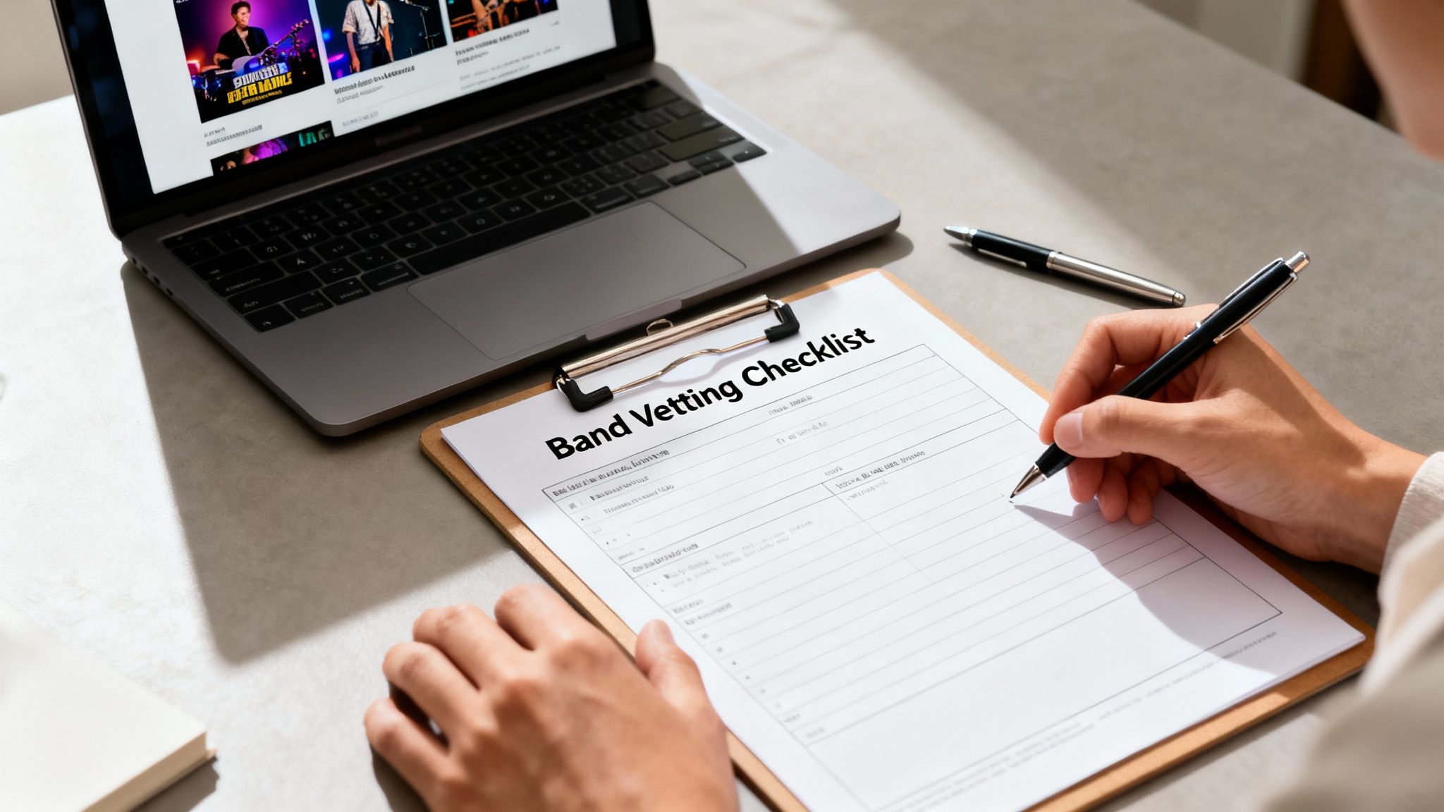 Person reviewing a 'Band Vetting Checklist' on a clipboard, with a laptop showing music videos.