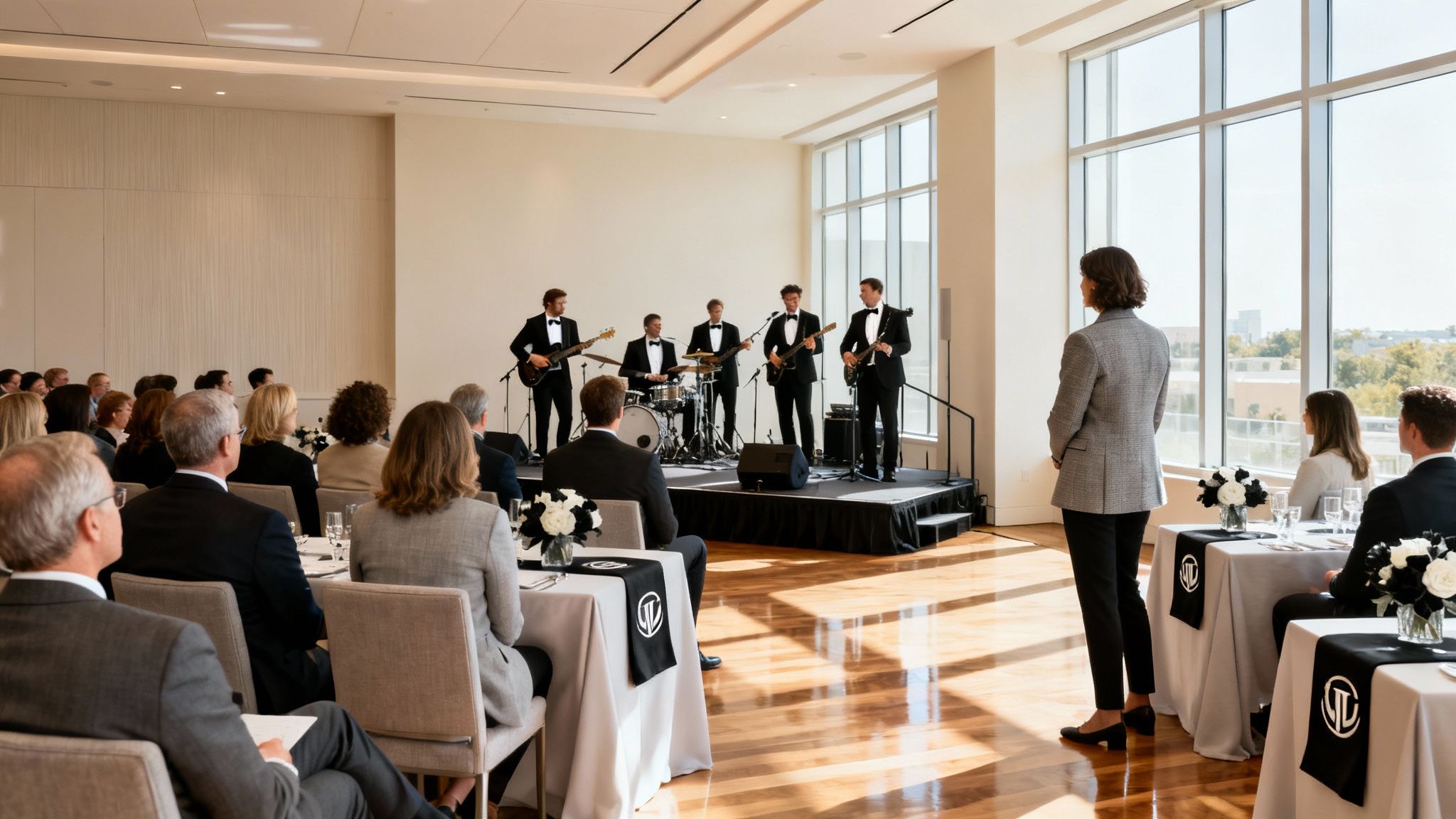 A band in tuxedos performs on stage for an audience at a corporate event with large windows.