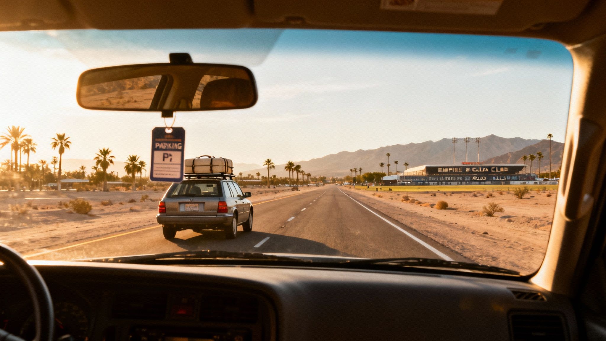 View from a car window on a desert road with palm trees, mountains, and the Empire Polo Club stadium.