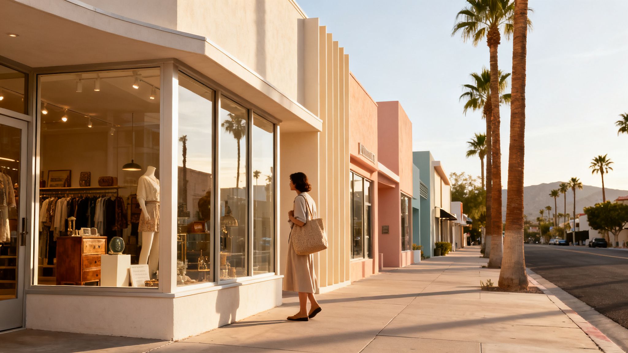 A woman looks into a shop window on a sunny street with pastel buildings and palm trees.