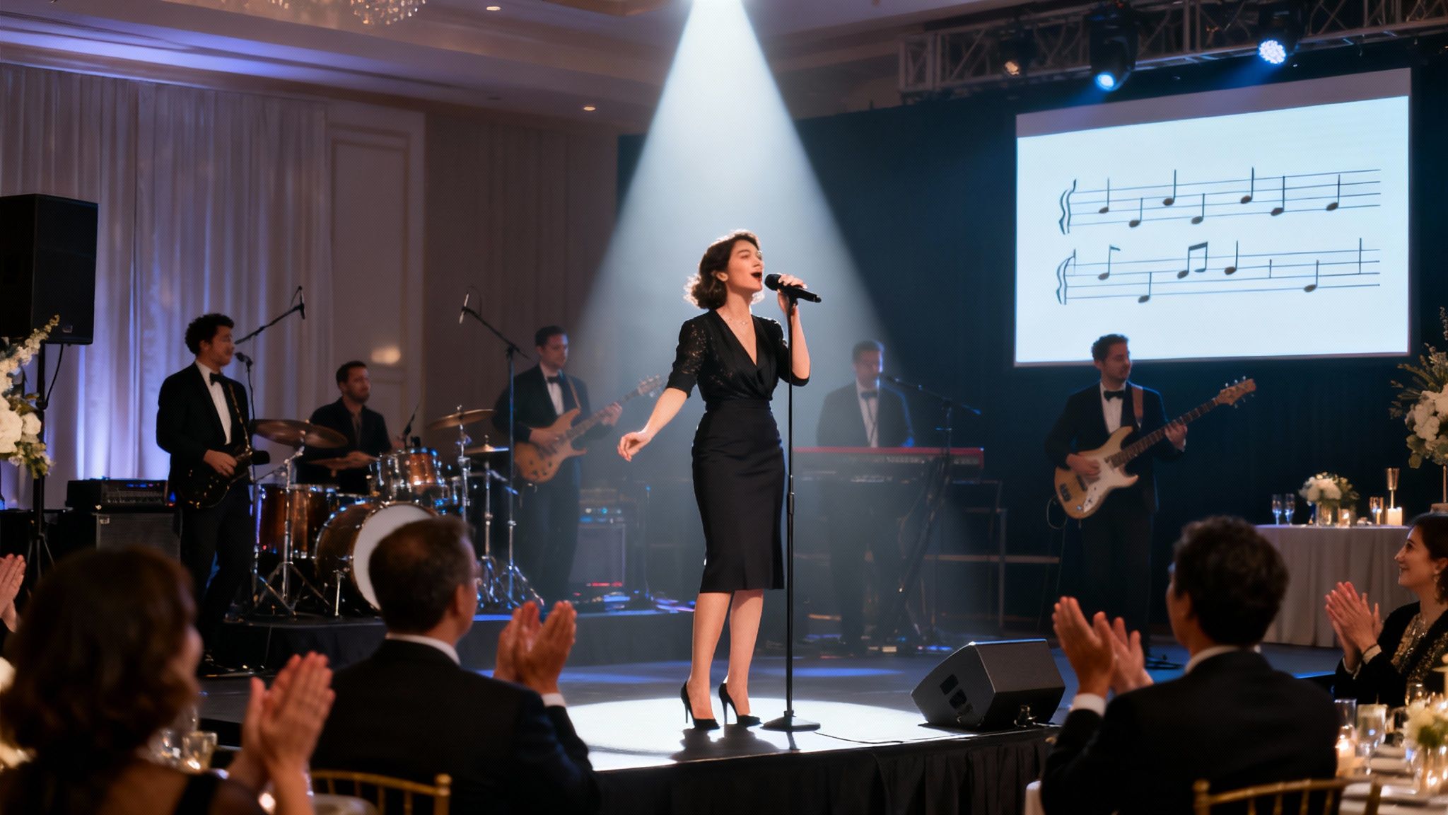 A charismatic female singer performs on stage with a live band at a corporate event, audience clapping.