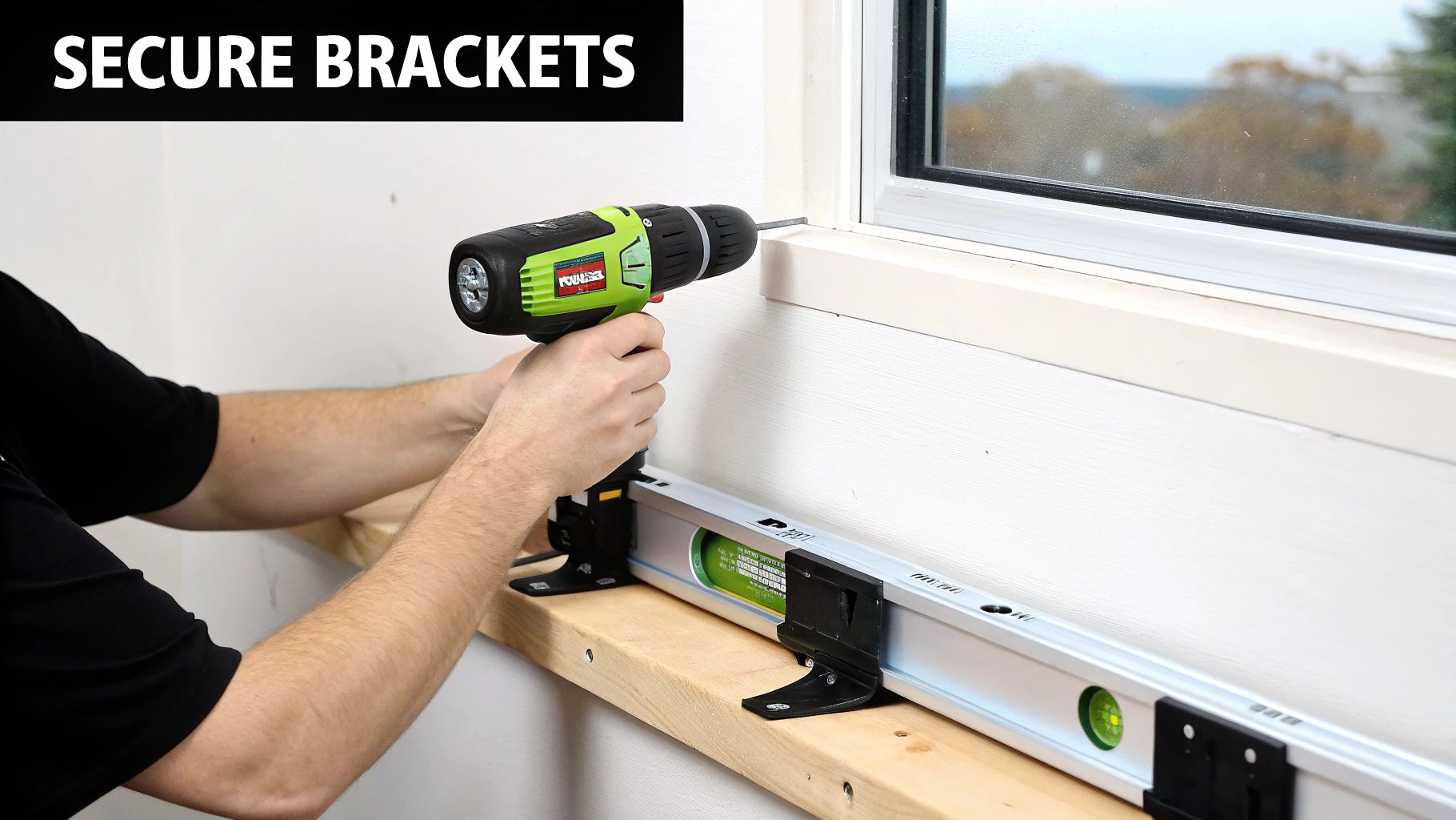 A person using a level to mark the wall for bracket installation of a roman shade.