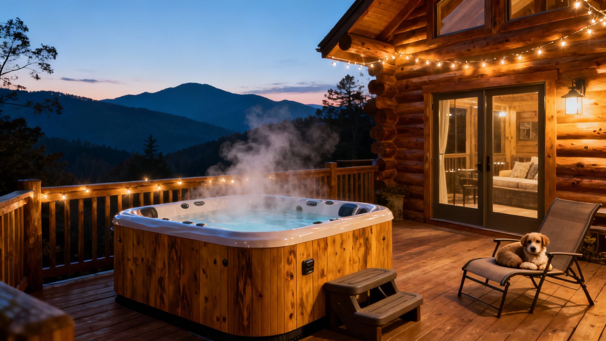 Warm evening at a pet-friendly log cabin with a steaming hot tub and a puppy on the deck.