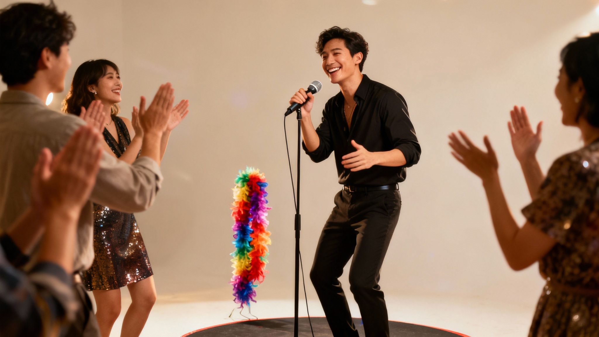 A man sings karaoke enthusiastically into a microphone, while friends clap and cheer around him.
