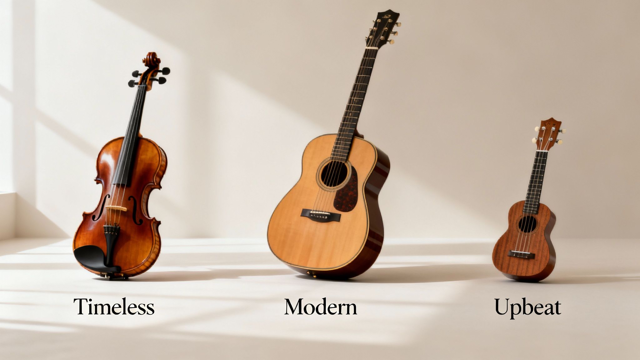 A violin, acoustic guitar, and ukulele, representing timeless, modern, and upbeat music.