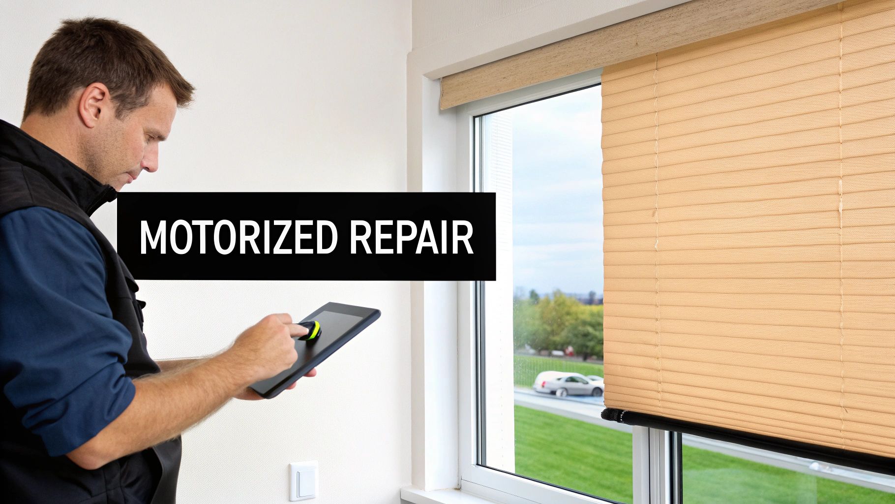 Professional technician fixing motorized cellular window shades with a digital tablet.