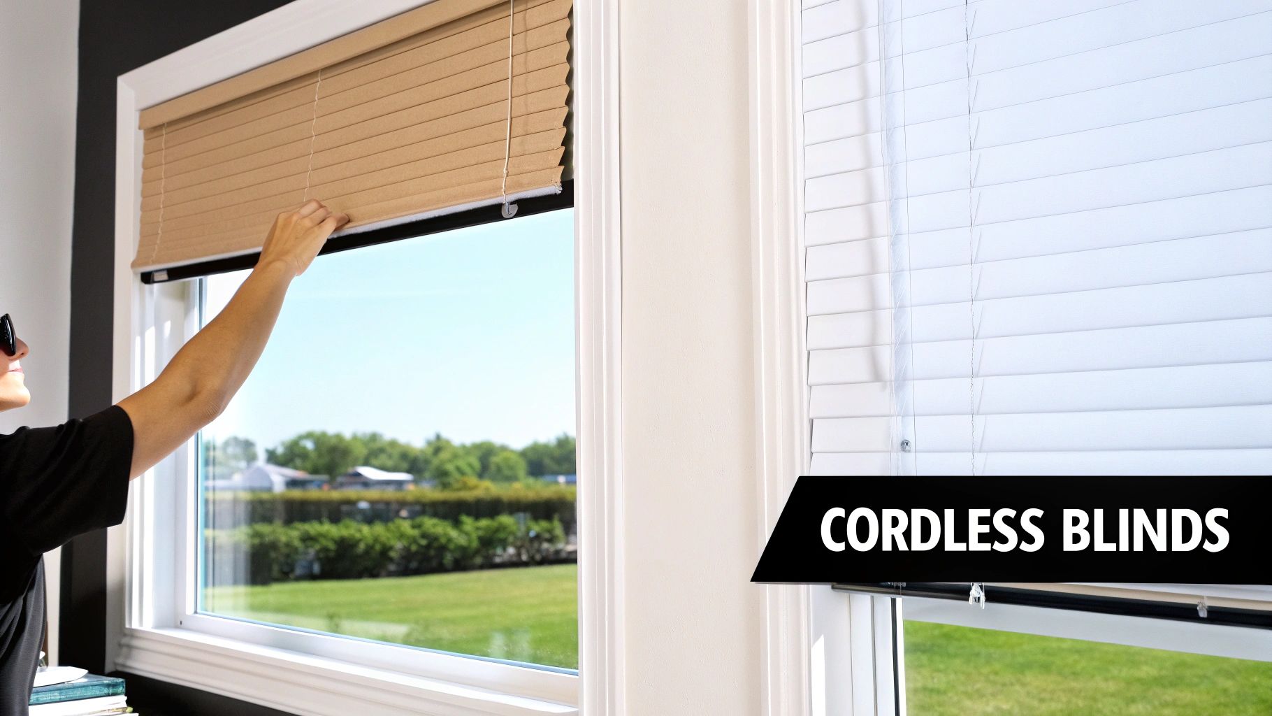 A close-up view of a person's hand easily adjusting a white cordless blind.