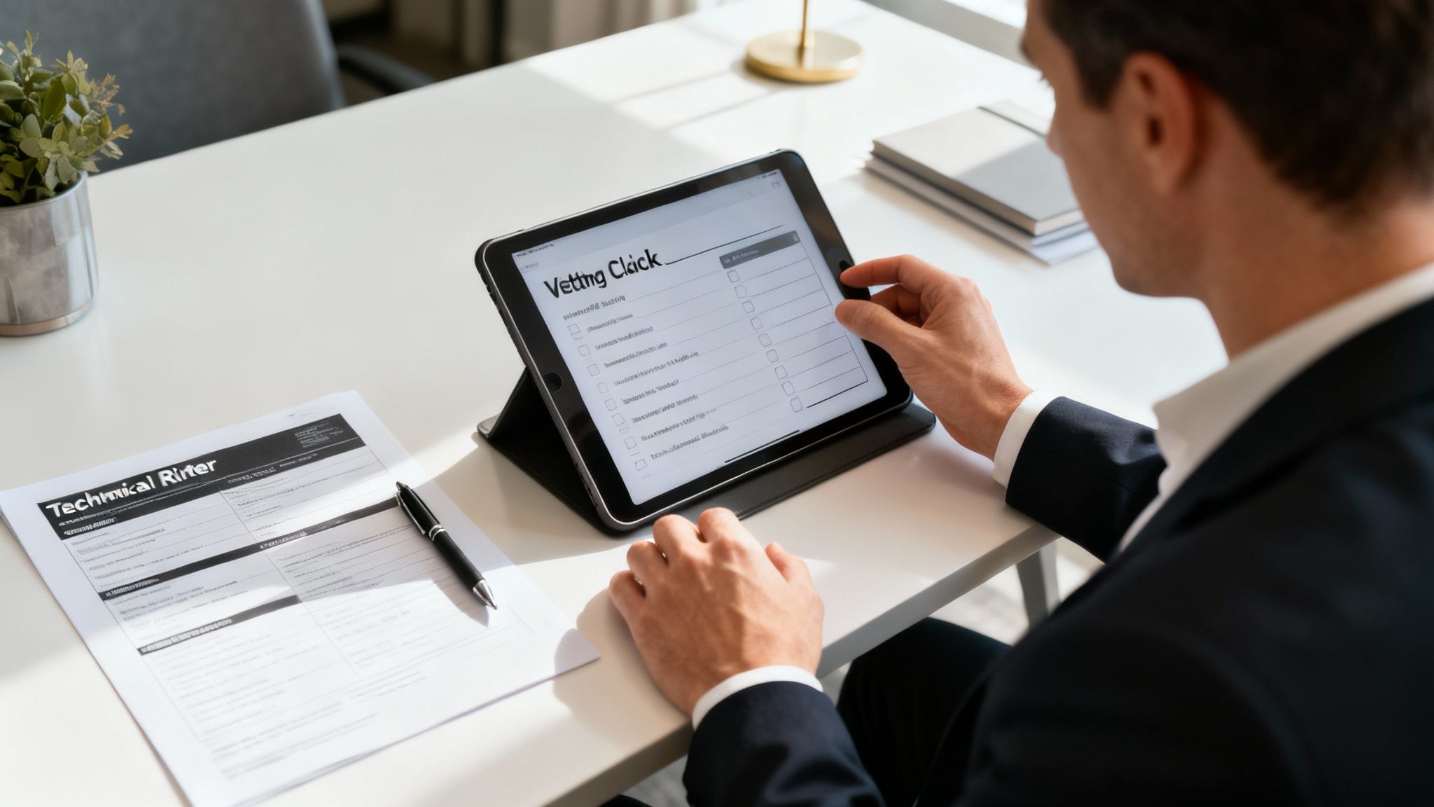 Man in suit reviewing a vetting checklist on a tablet at a modern office desk.