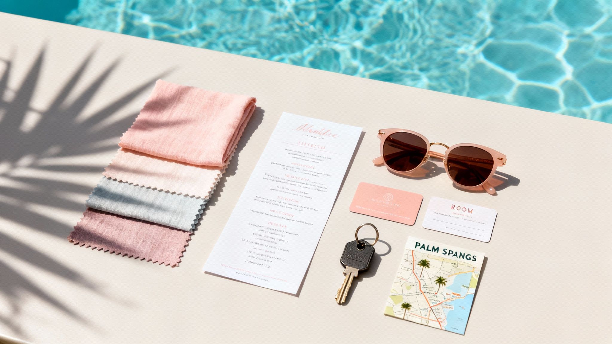 Various hotel amenities and travel items, including fabric swatches, menu, sunglasses, keys, and a map, beside a swimming pool.
