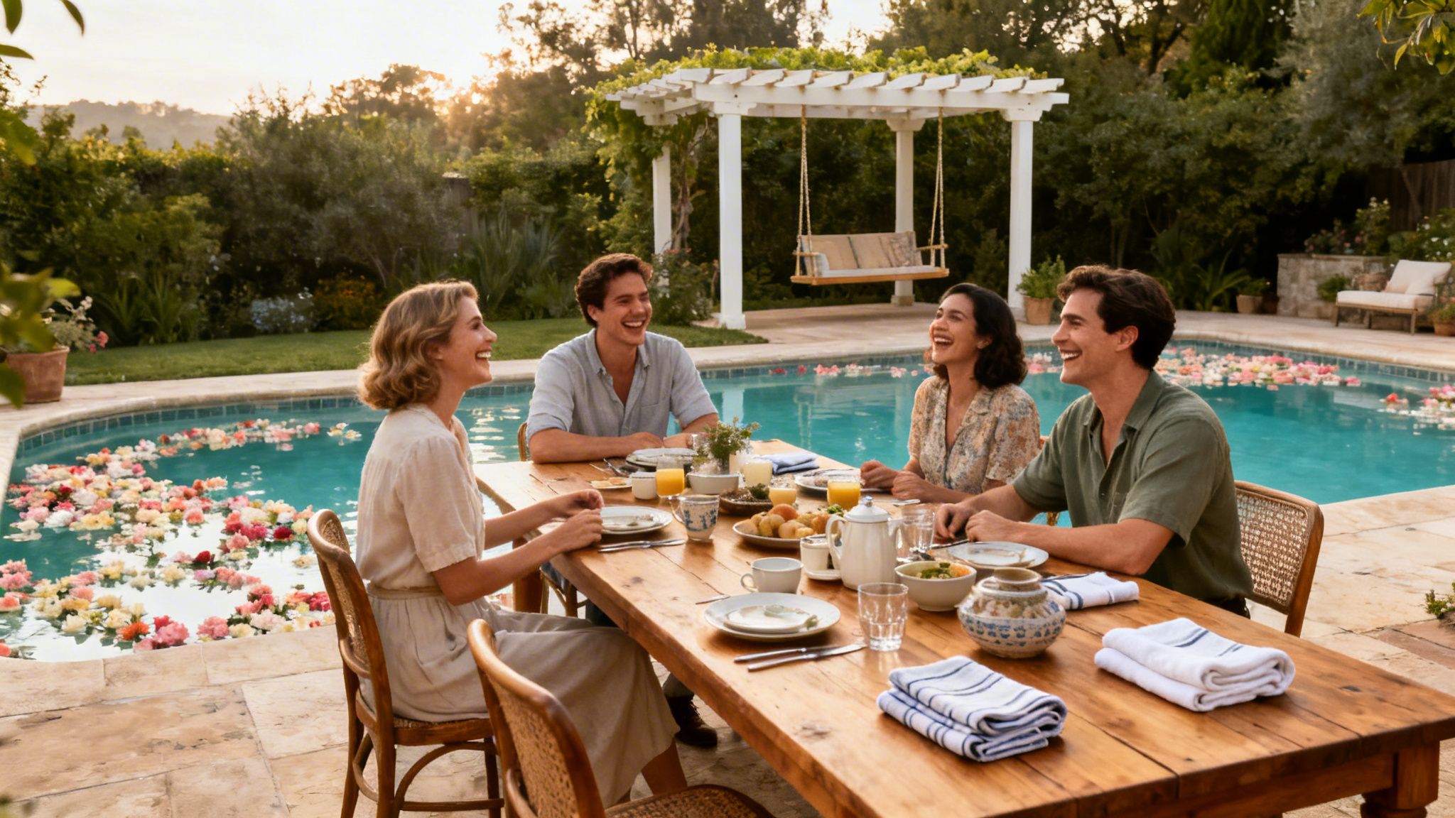 Four happy friends laughing while dining outdoors by a flower-filled pool at sunset.