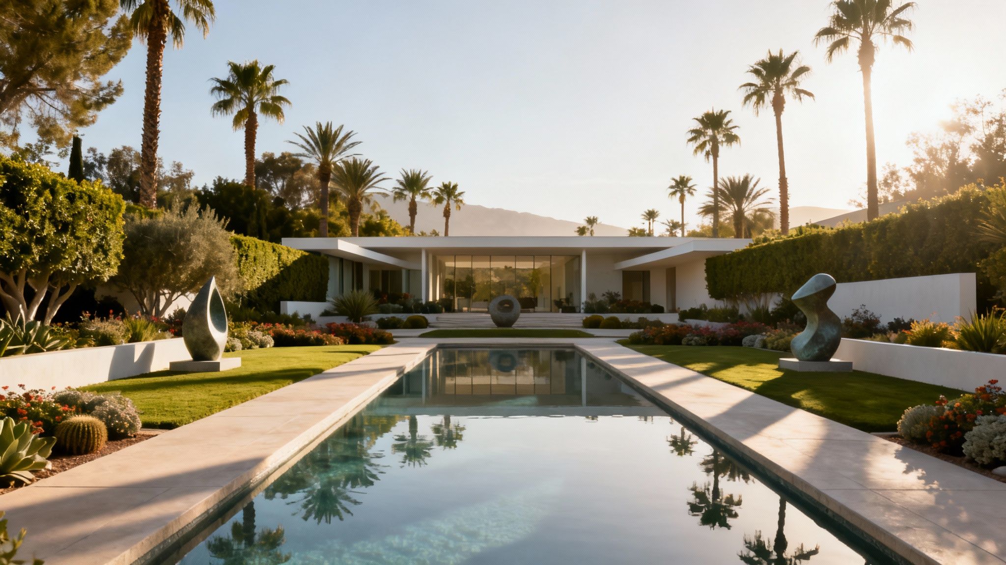 A stunning modern Palm Springs house with a long reflecting pool, lush gardens, and abstract sculptures.