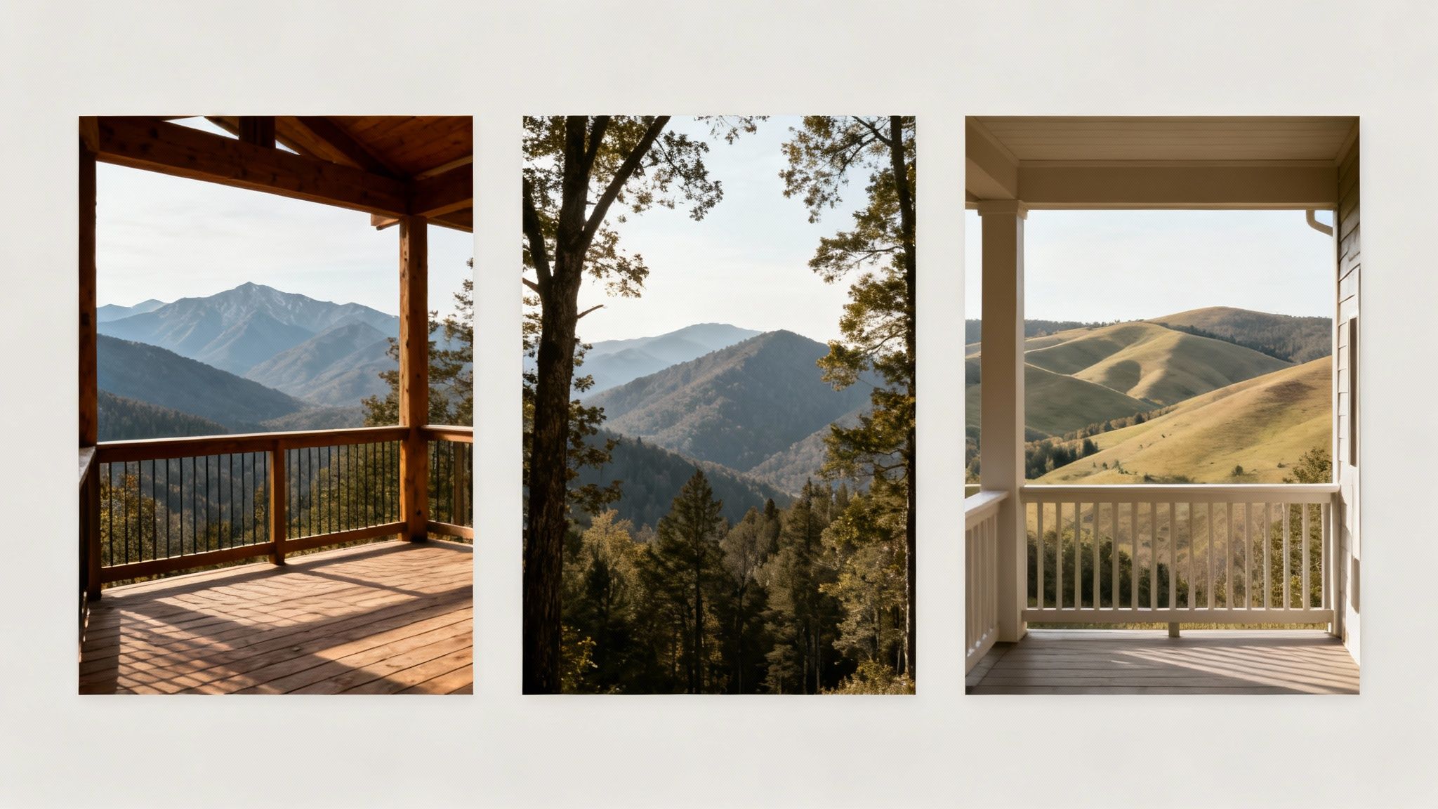 Three distinct porch views showcasing beautiful mountain landscapes, including misty peaks and rolling green hills.