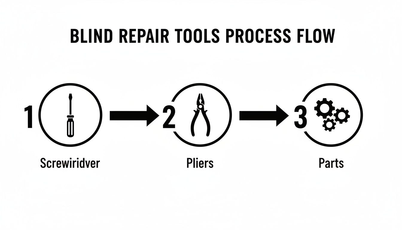 A process flow diagram illustrating blind repair using a screwdriver, pliers, and replacement parts.