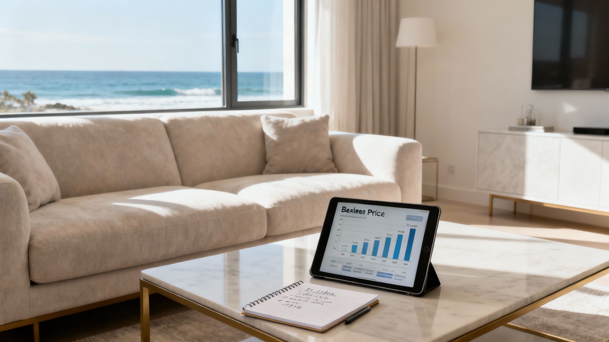 A modern, stylish living room in a San Diego vacation rental, showcasing good design.