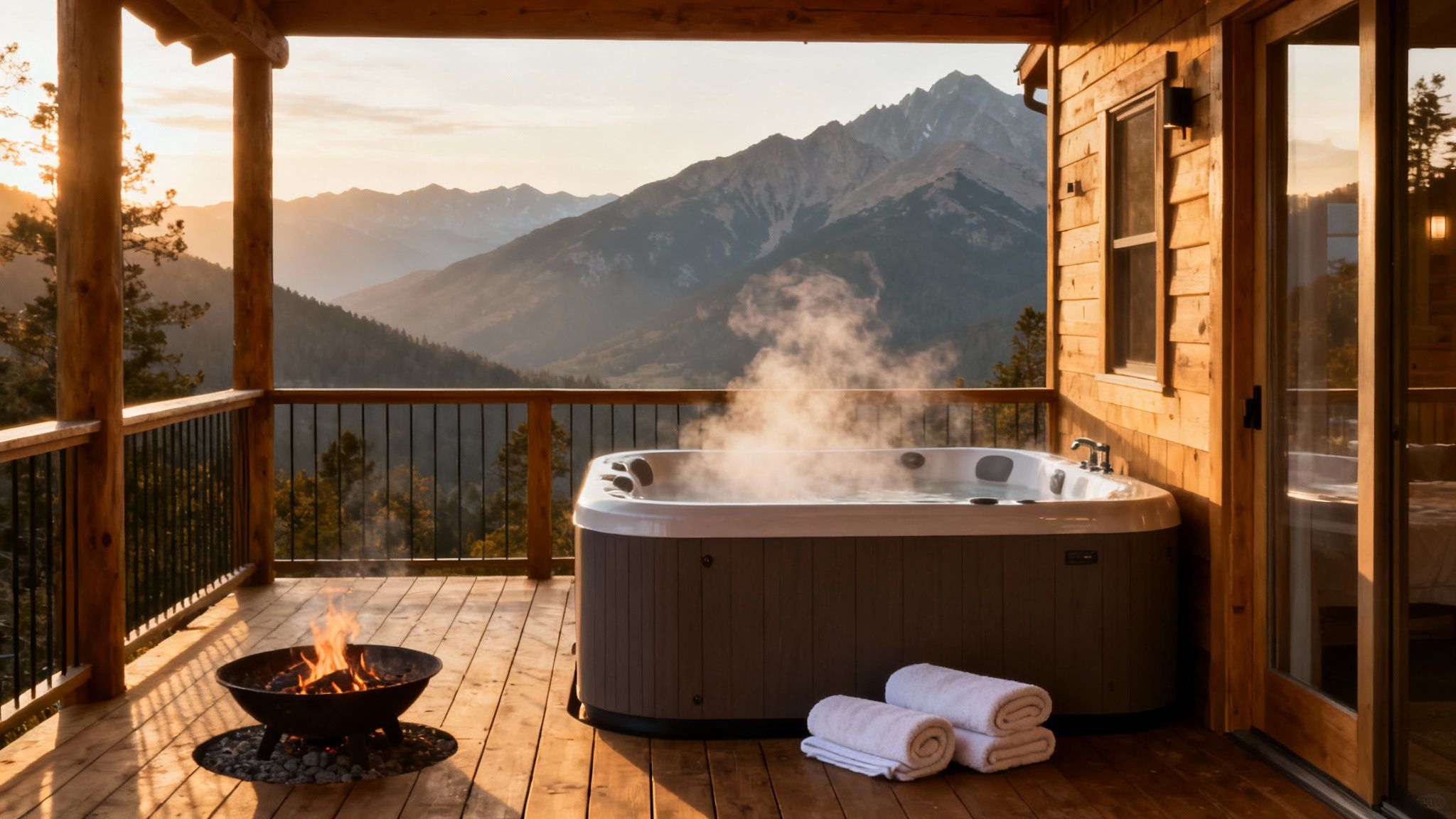 A luxurious wooden cabin porch with a steaming hot tub and fire pit overlooks mountains at sunset.