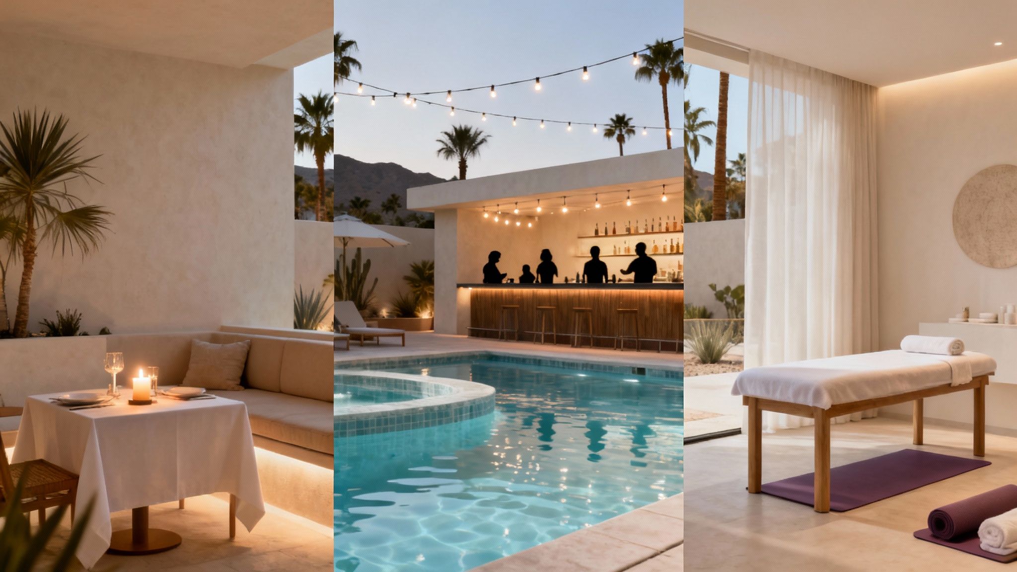 A woman with sunglasses enjoying a drink by a stylish hotel pool with palm trees in the background