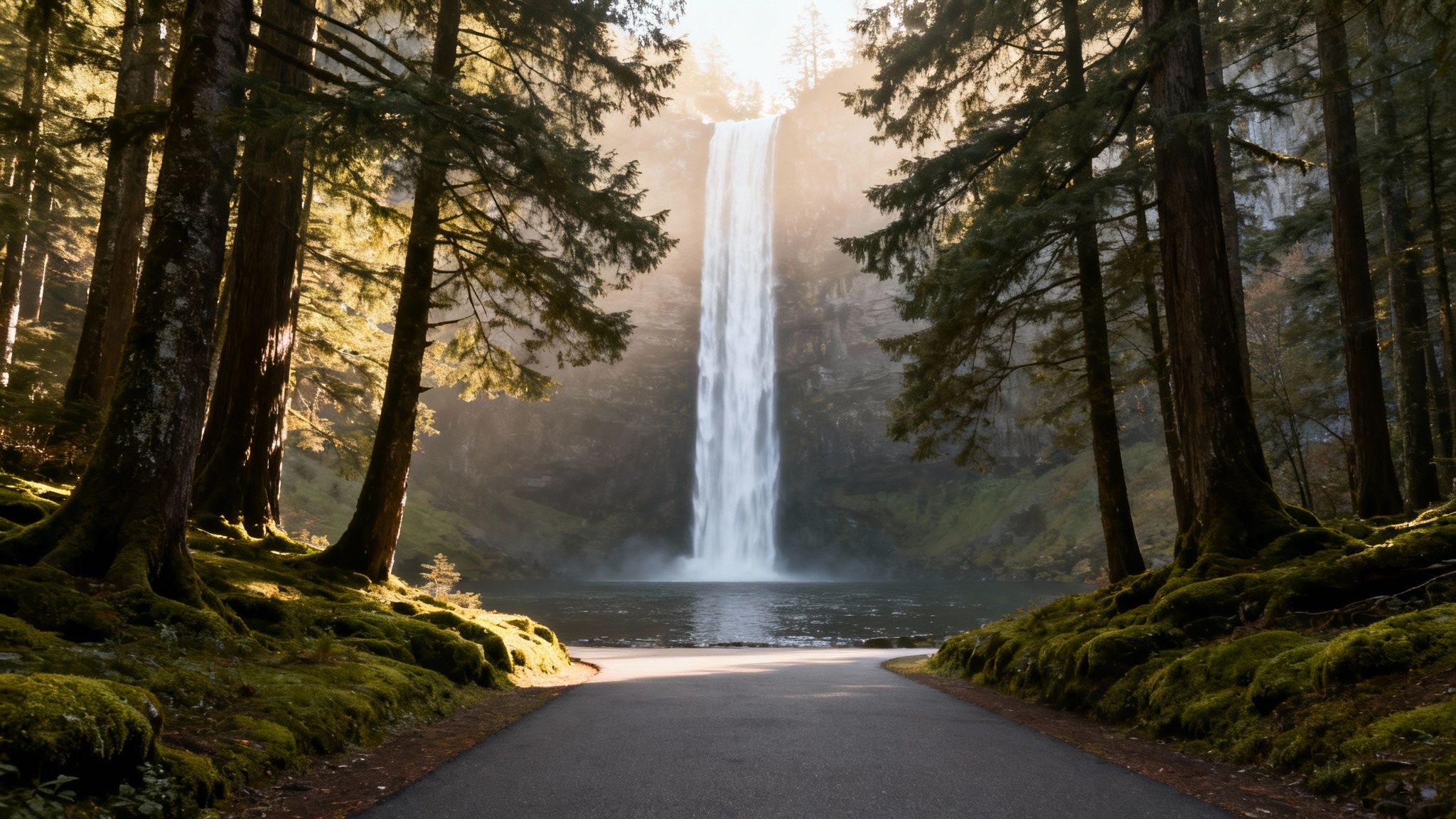 A majestic waterfall flows into a serene pool, framed by tall, moss-covered trees and a paved path.