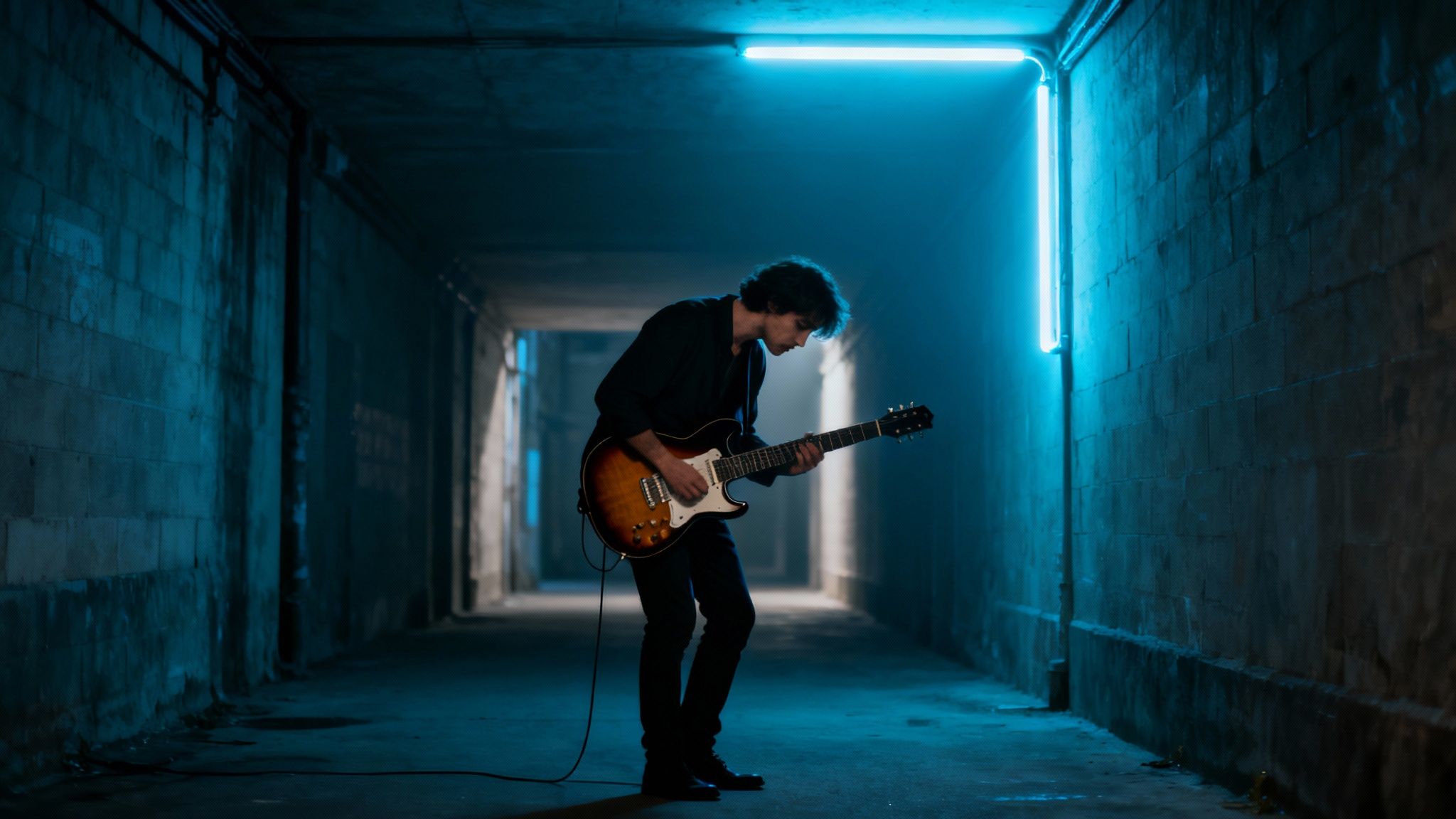Guitarist performing with electric guitar in moody blue-lit industrial corridor atmosphere
