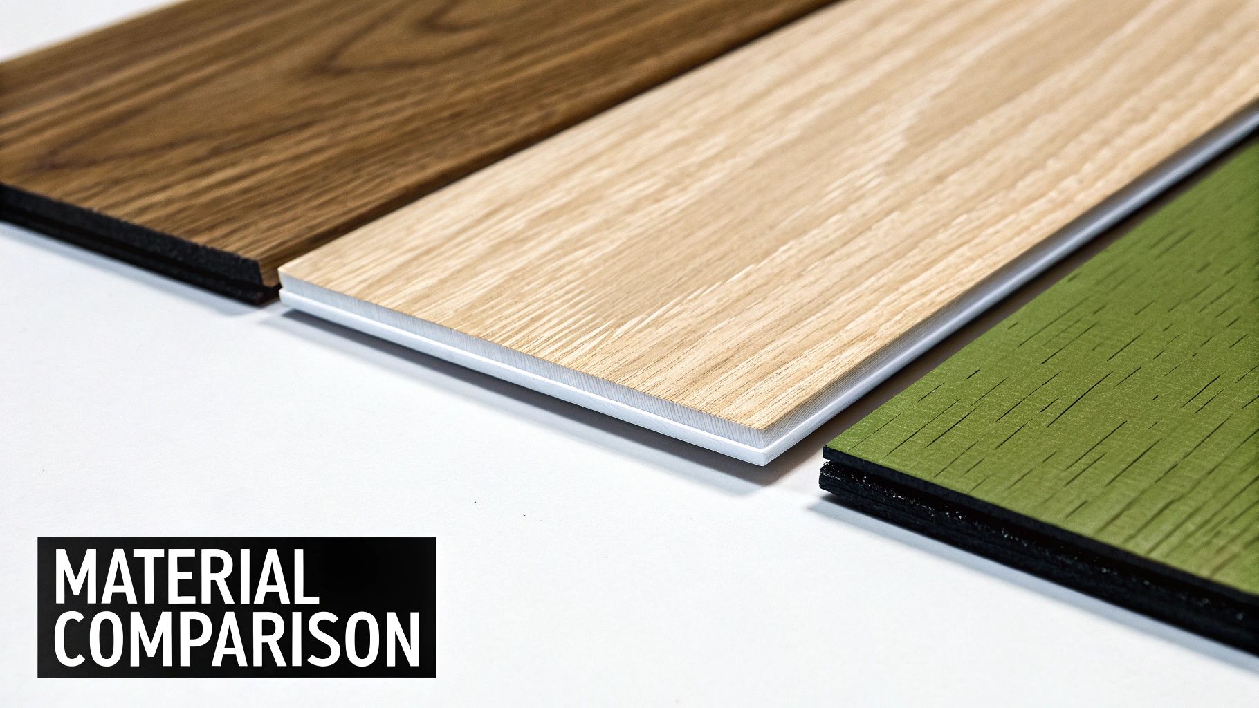 Close-up of three wood-look flooring or panel samples in brown, beige, and green, showing different backings.