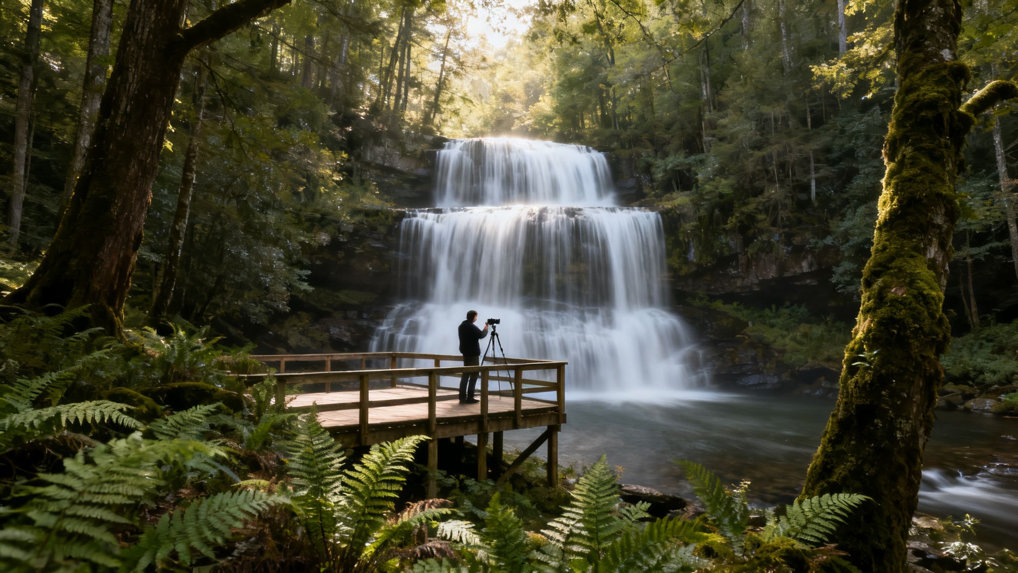 A person on a wooden platform photographs a majestic two-tiered waterfall in a lush forest.