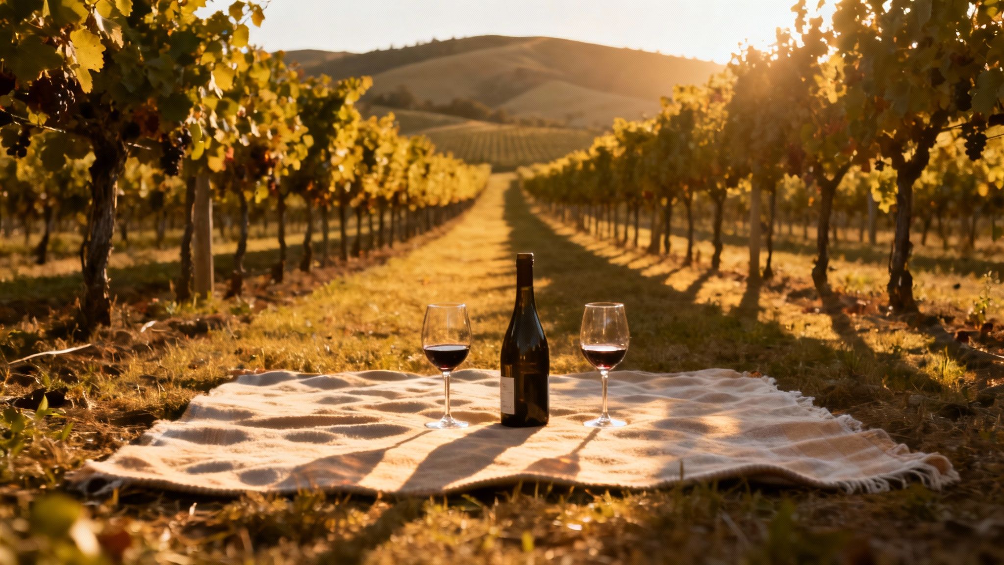 Wine bottle and glasses on picnic blanket in vineyard at golden hour sunset