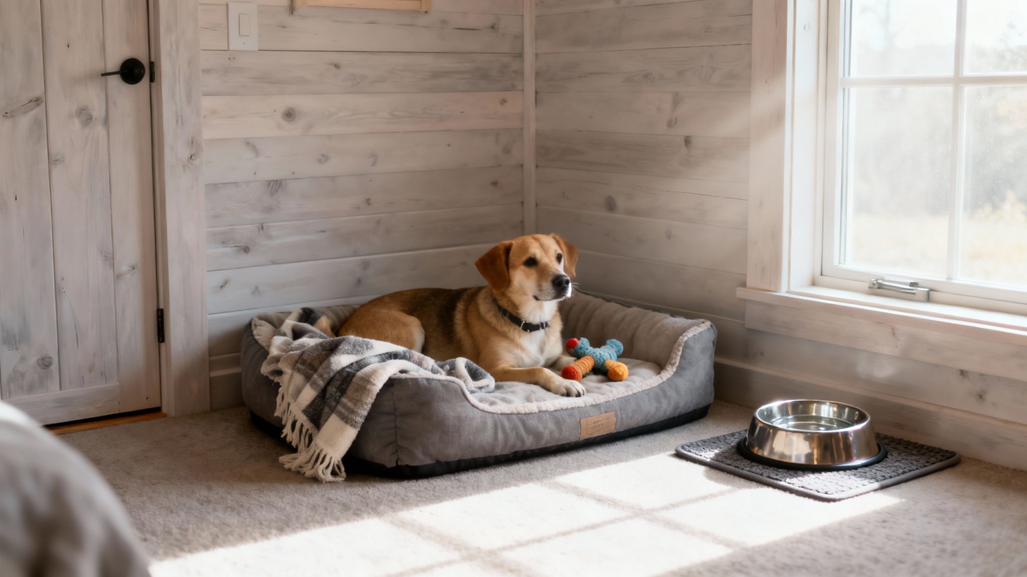 A golden-brown dog rests comfortably in its gray bed with toys, next to a water bowl, by a window.