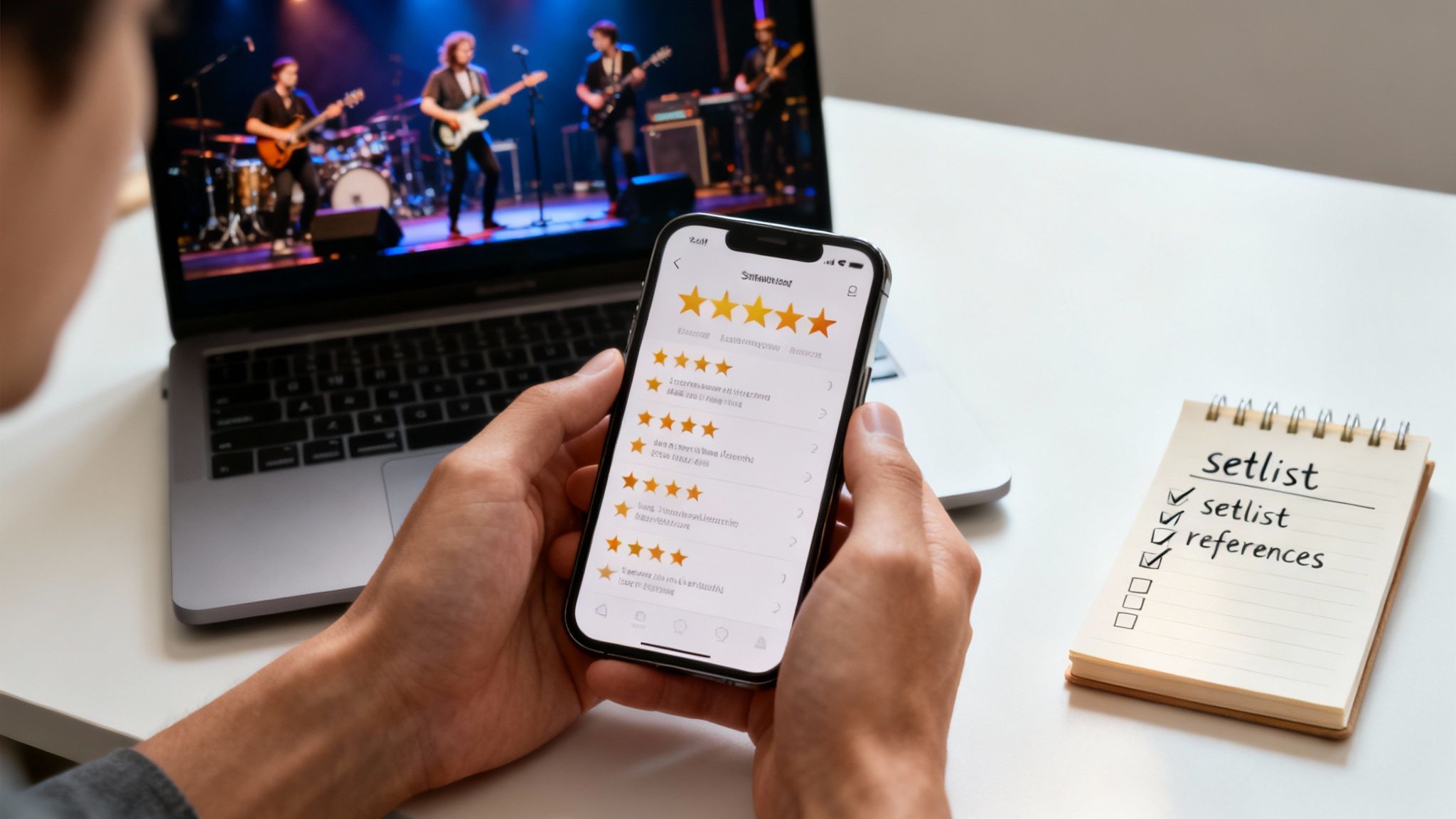 Person viewing band performance ratings on phone while planning live music booking