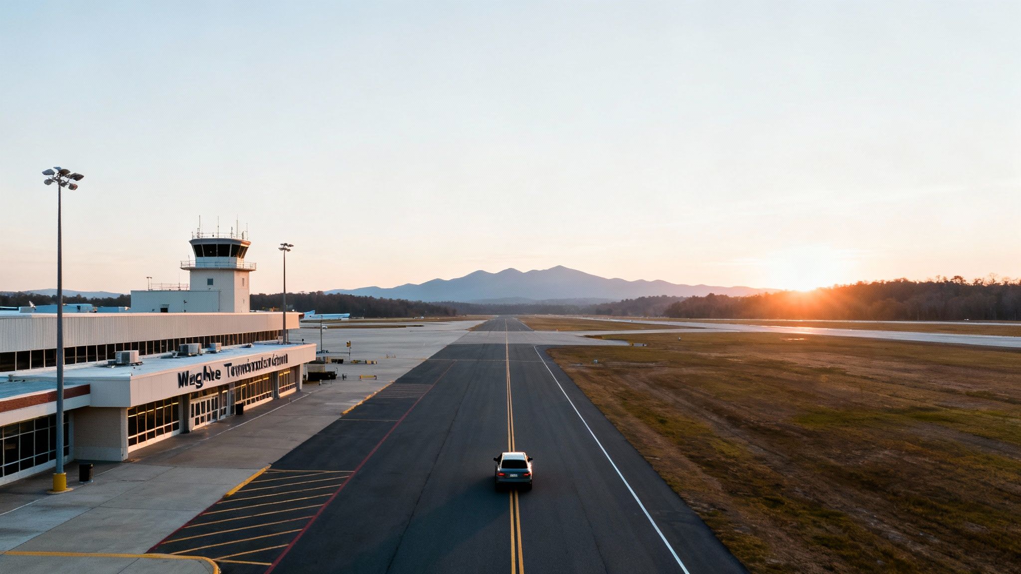 An airport runway stretches towards mountains at sunset, with a control tower and terminal building nearby.