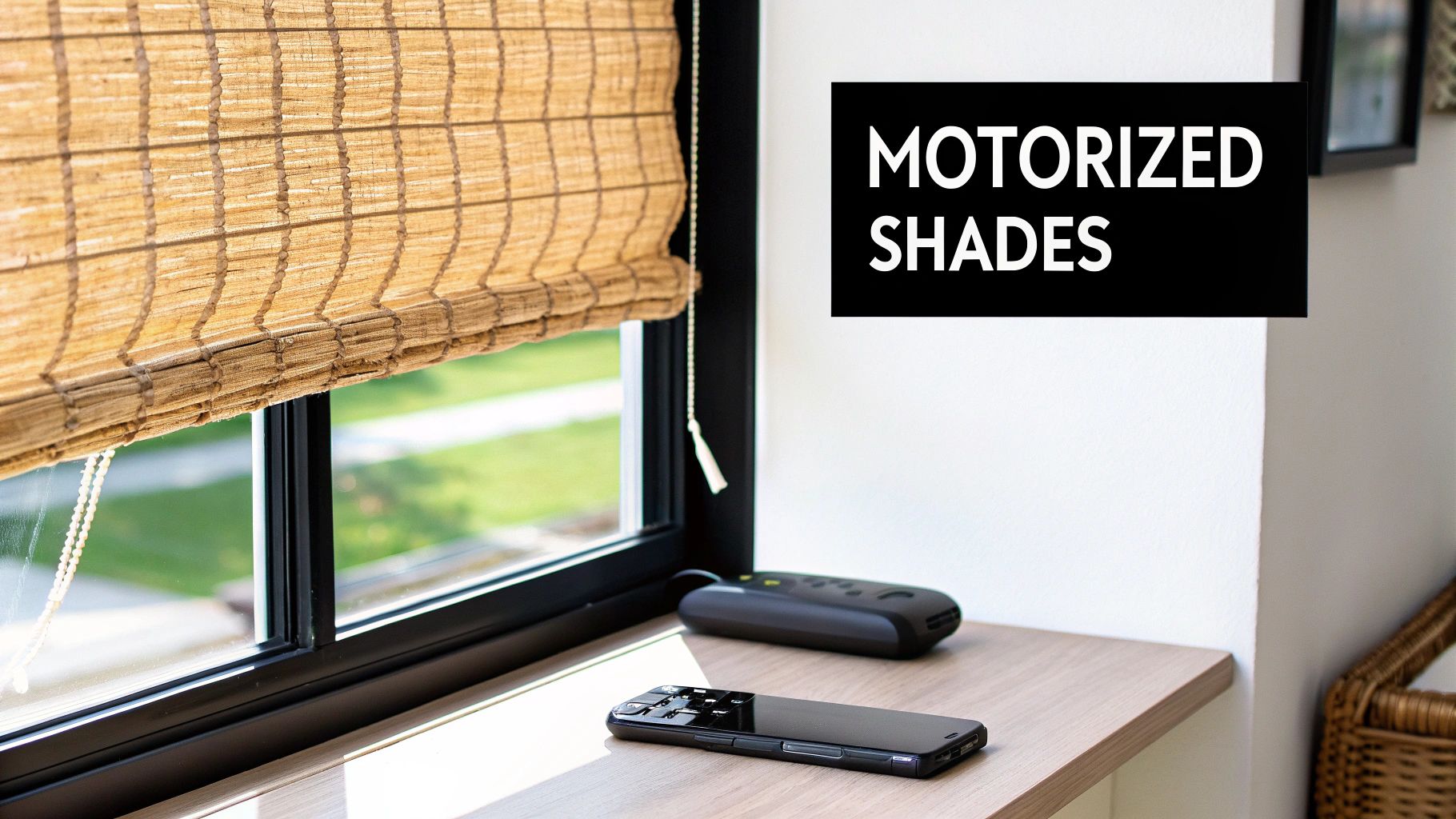 Woven wood motorized shades covering a window, with two remote controls on a wooden shelf.
