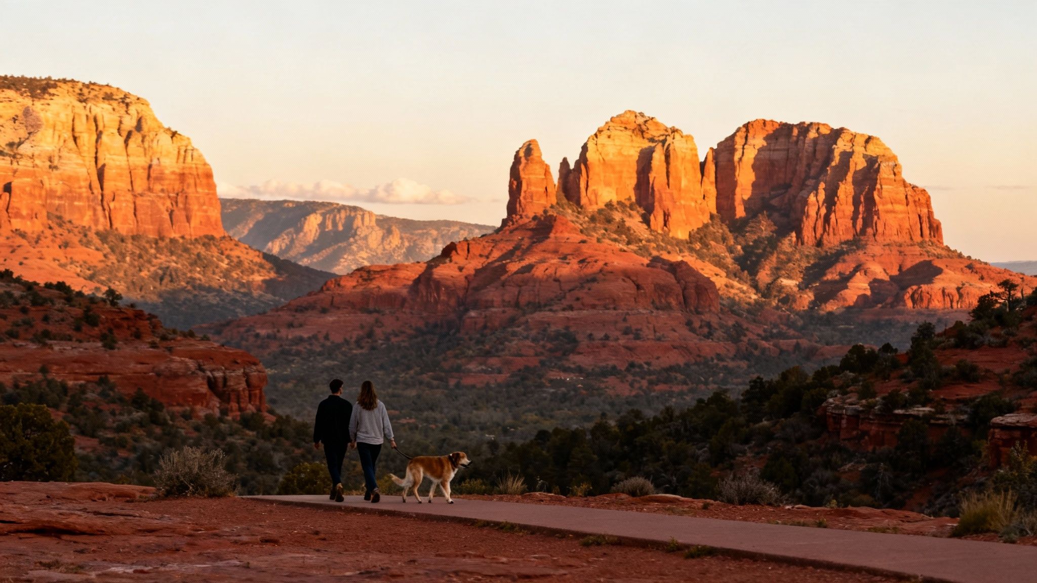 Two people and their golden retriever walk on a trail through Sedona's vibrant red rocks at dusk.