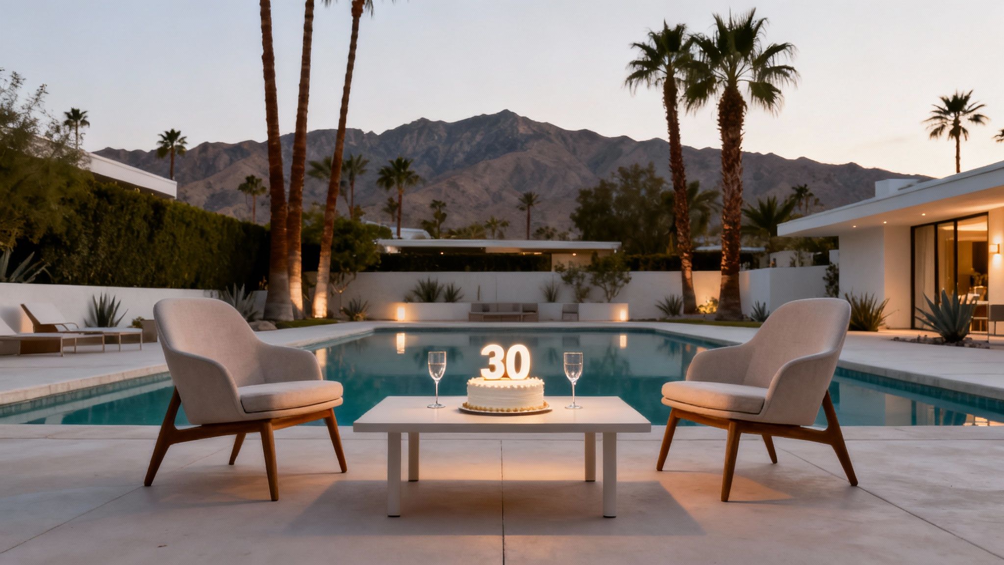 Group of friends celebrating a 30th birthday with a toast by a pool in Palm Springs.