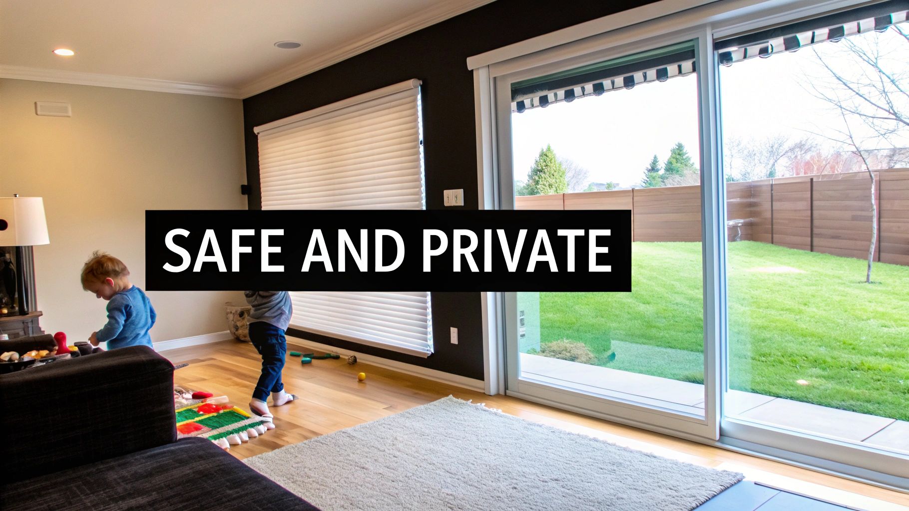 Two young children play in a sunlit living room with blinds and large sliding glass doors opening to a fenced backyard.