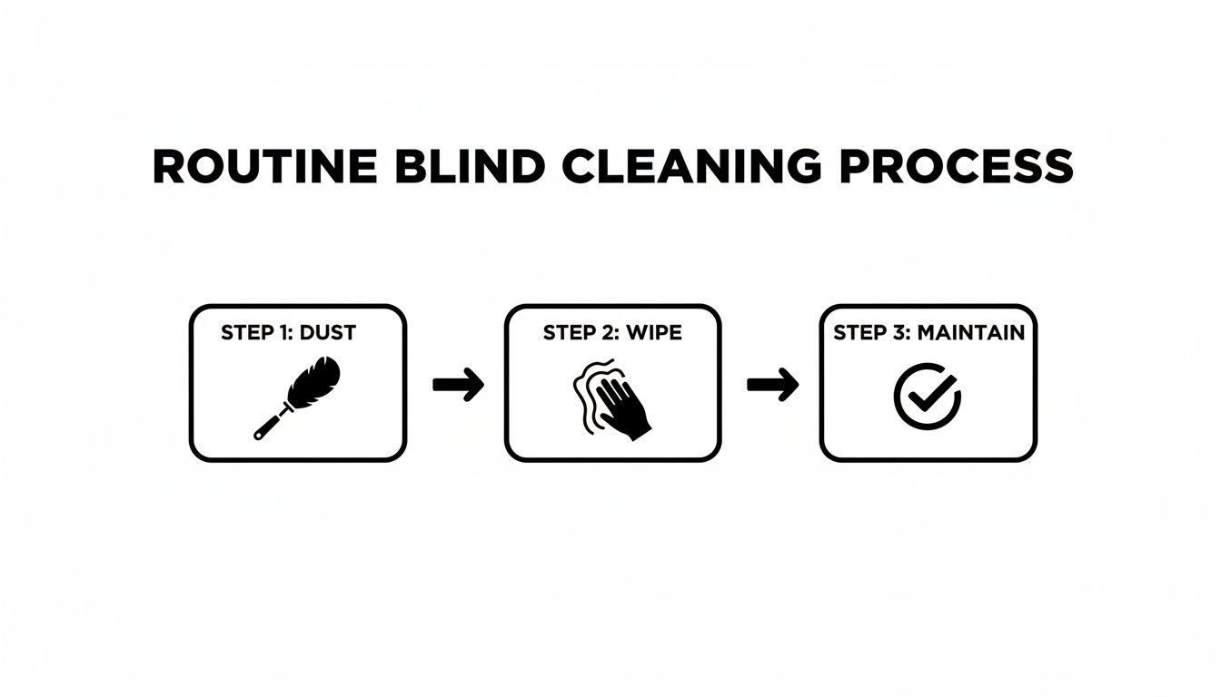 A three-step visual guide outlining the routine blind cleaning process: dust, wipe, and maintain.