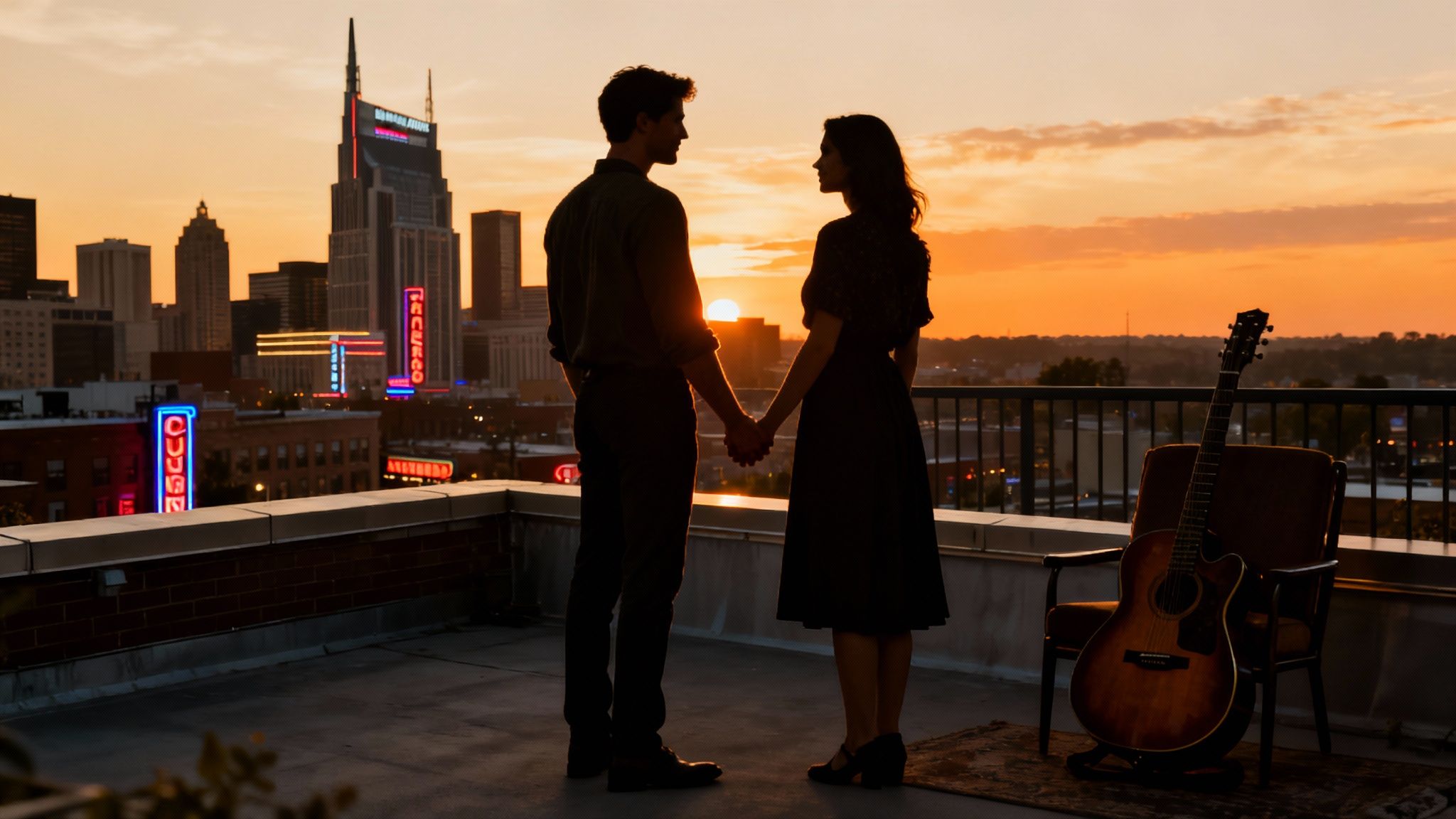 A romantic view of the Nashville skyline at dusk, with the Pedestrian Bridge illuminated, perfect for a couple's getaway.