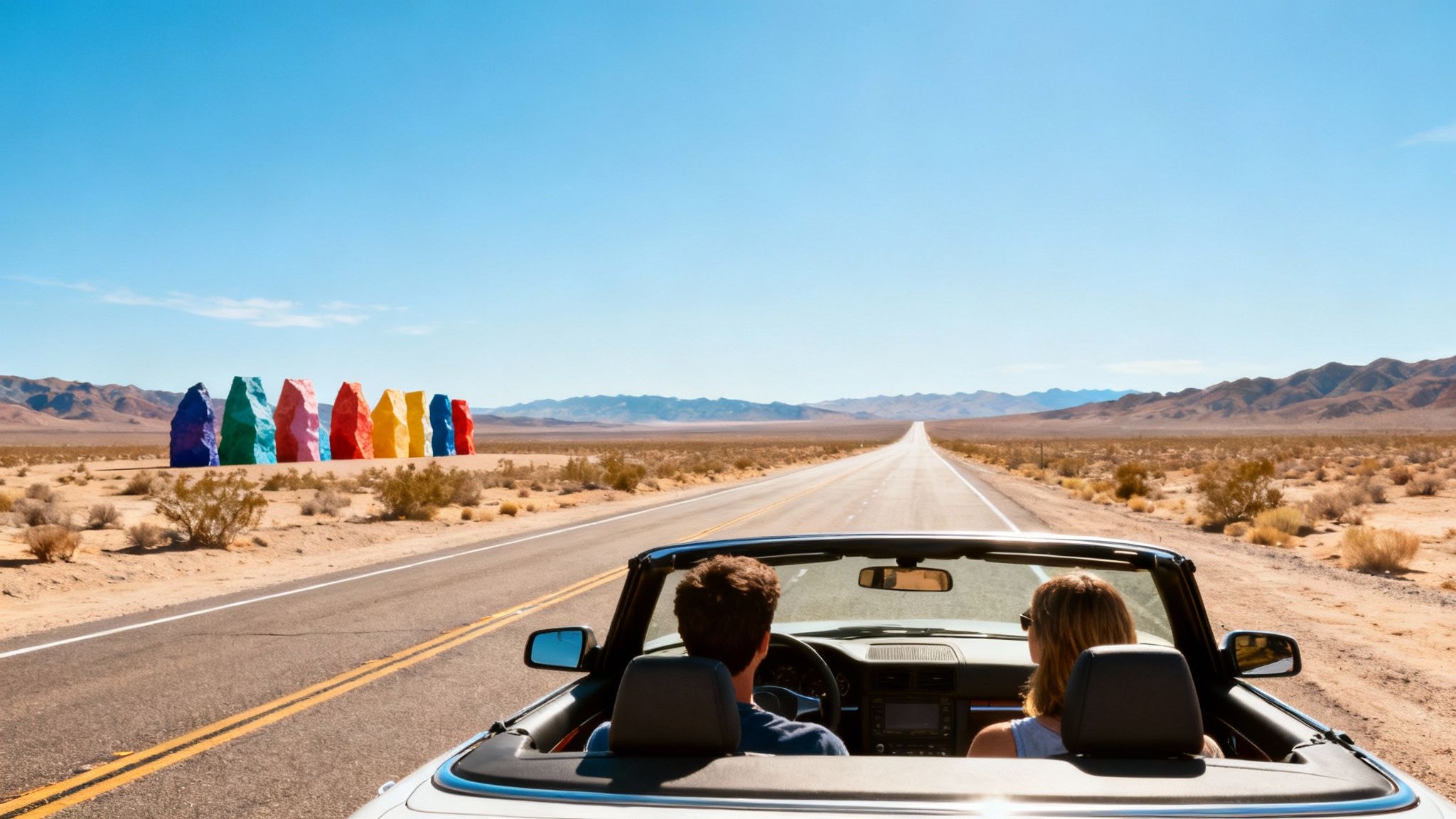 A scenic desert road stretching from Las Vegas towards the mountains near Palm Springs.